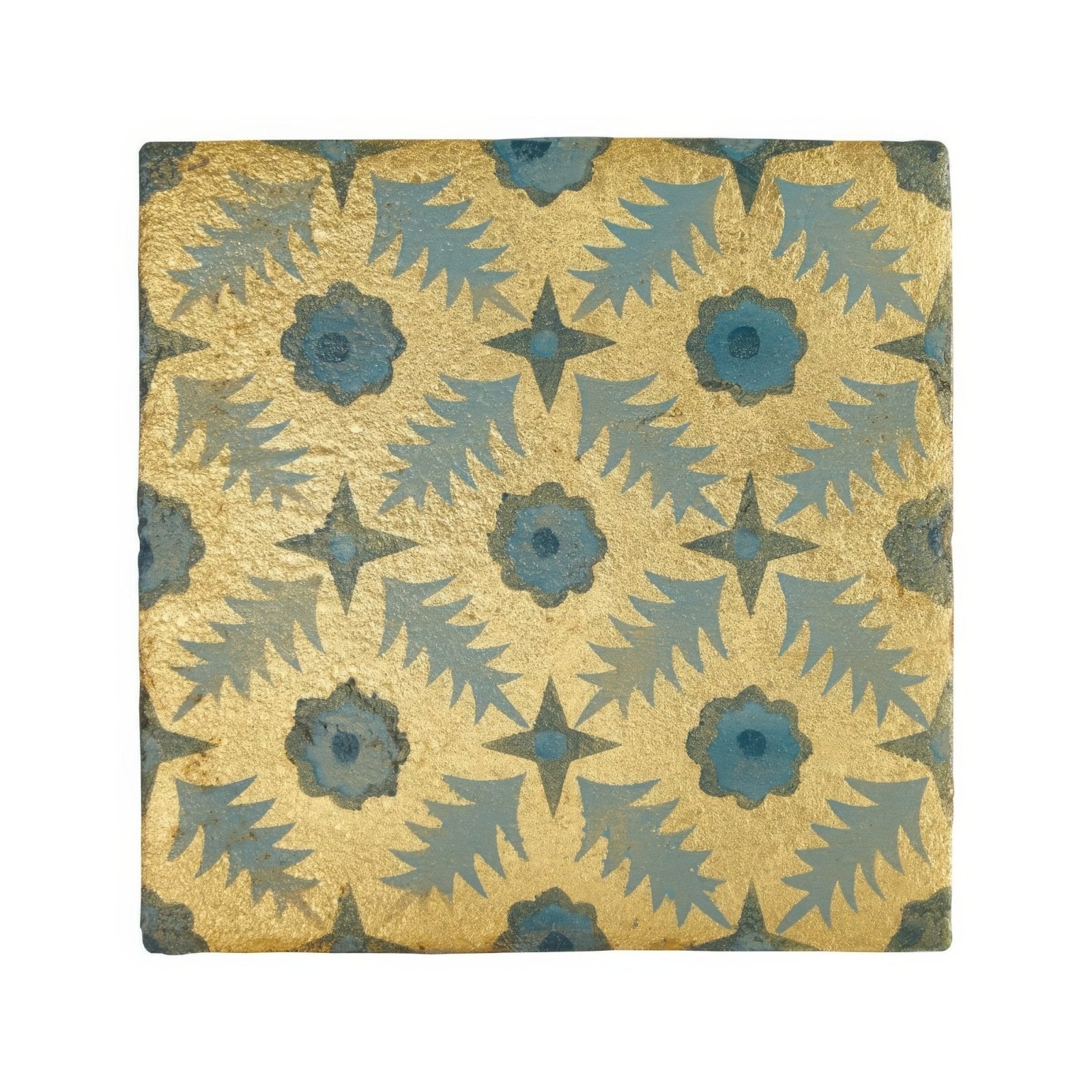 A square Neisha Crosland atlas pine flower nile coaster with gold leaf background and blue floral starburst patterns