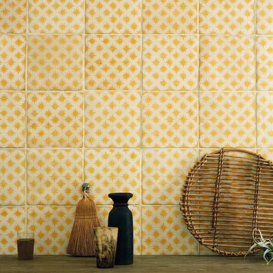 Neisha crosland atlas star anise buttercup yellow and cream star patterned ceramic tiles for decorative use