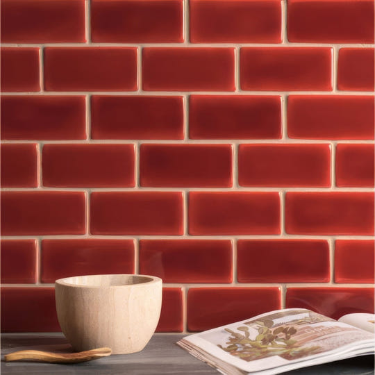 New burgundy half tile with red glossy subway tile backsplash ideal for kitchen or bathroom walls