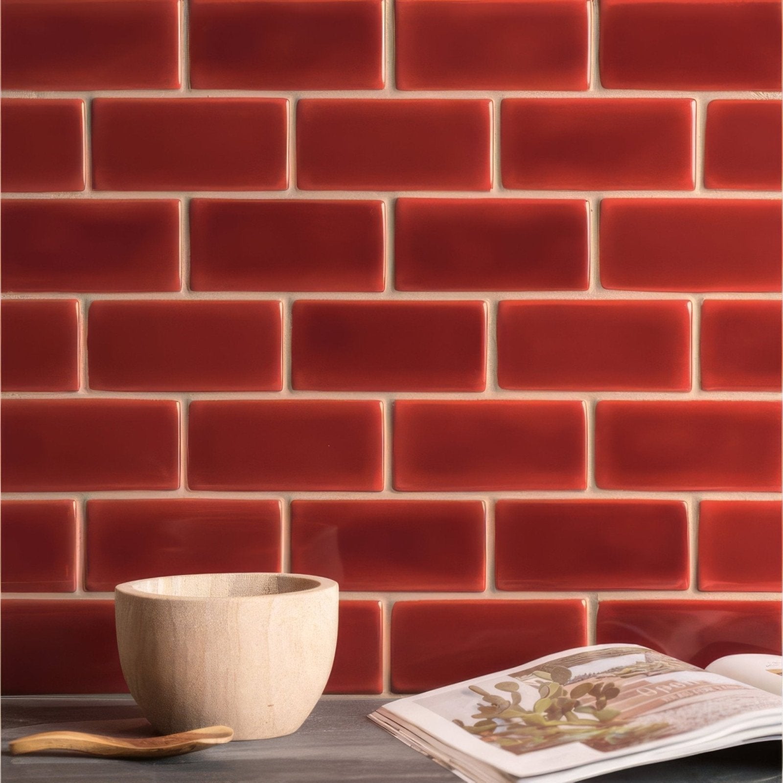 New burgundy half tile with red glossy subway tile backsplash ideal for kitchen or bathroom walls