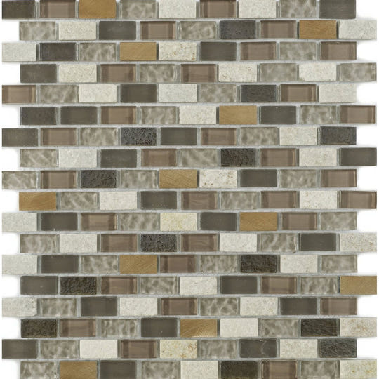 Brown gray and gold toned textured glass mosaic tile from new york beige glass collection with a glossy finish