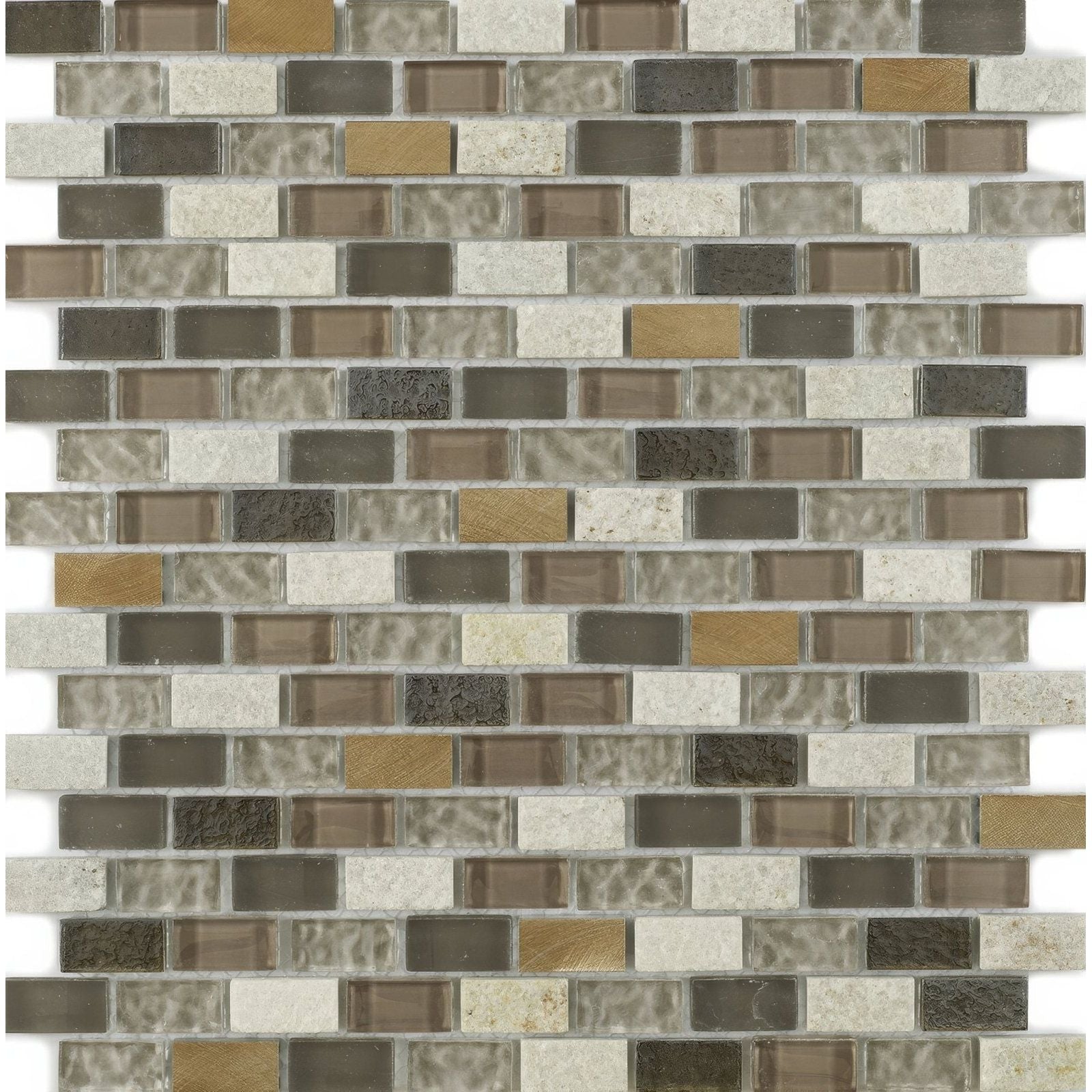 Brown gray and gold toned textured glass mosaic tile from new york beige glass collection with a glossy finish