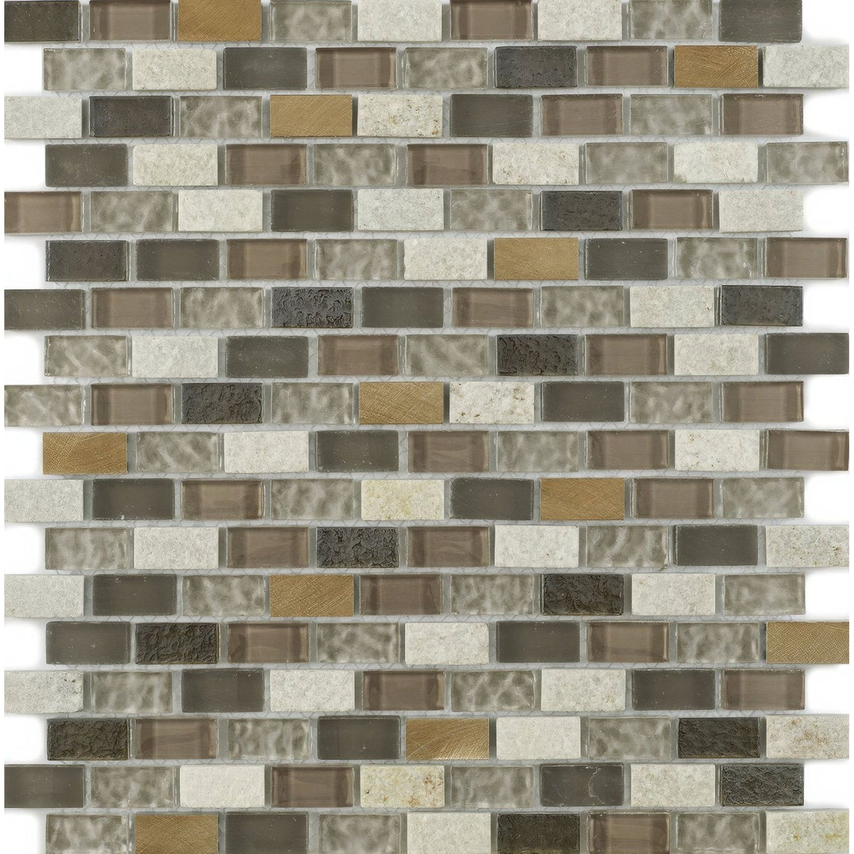Brown gray and gold toned textured glass mosaic tile from new york beige glass collection with a glossy finish