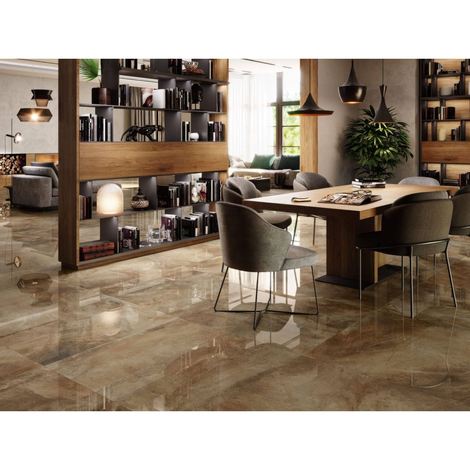 Polished beige marble floor tiles with a glossy finish in nilo 1846 caramel polished design