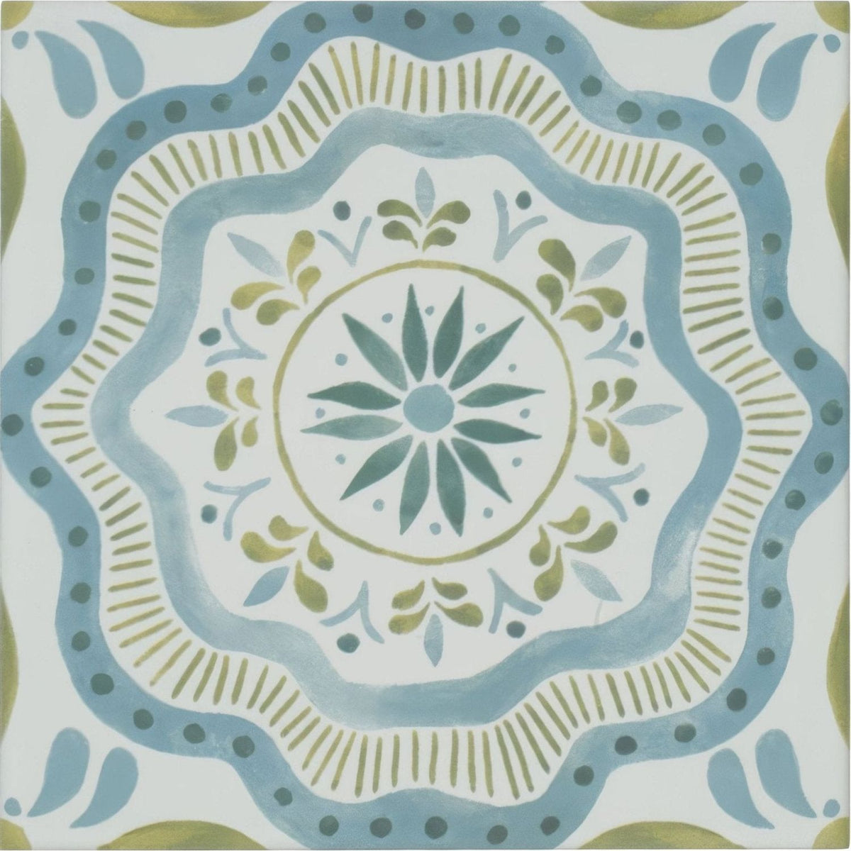 A square ceramic Nina Campbell Cochin blue porcelain tile with a hand-painted blue and olive green floral mandala design