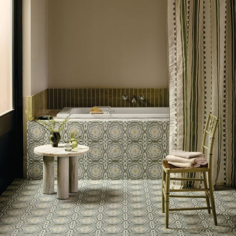 The nina campbell cochin green porcelain tile features muted green gray and cream geometric patterns in a bathroom setting