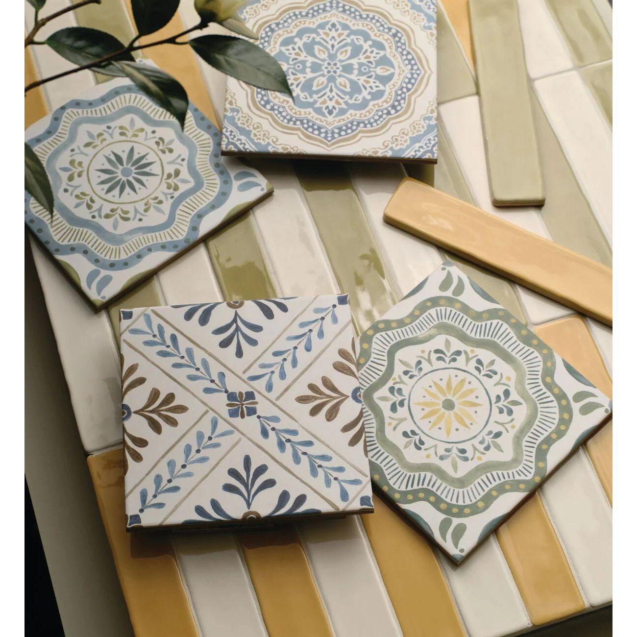 Square ceramic nina campbell cochin green porcelain tile with intricate floral and geometric patterns in muted blues greens and browns