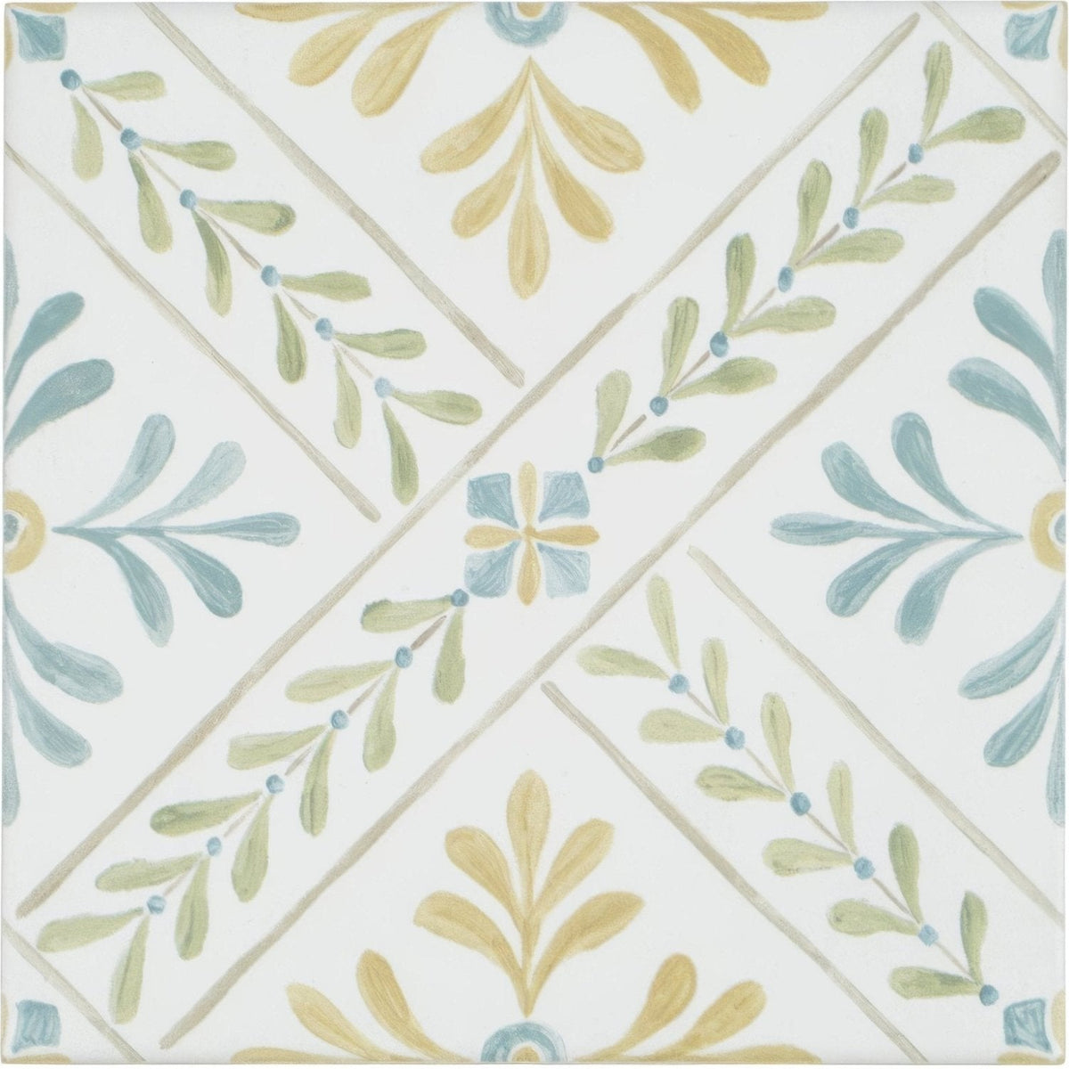 White ceramic porcelain tile with delicate botanical pattern in sage green muted blue and pale yellow by Nina Campbell