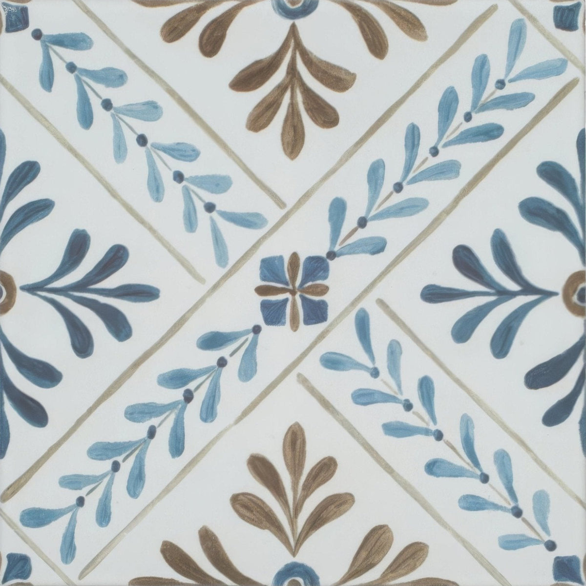 White ceramic nina campbell goa indigo chocolate porcelain tile with hand-painted blue and brown leafy diagonal pattern