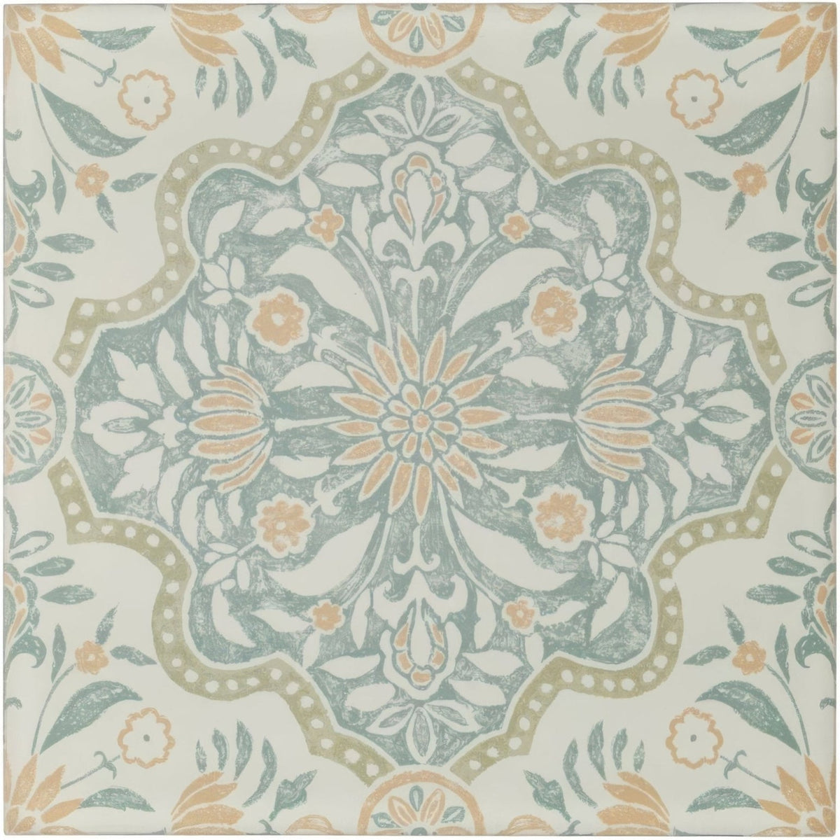 A square Nina Campbell Jodhpur Aqua porcelain tile with a vintage floral pattern in sage green peach and cream tones
