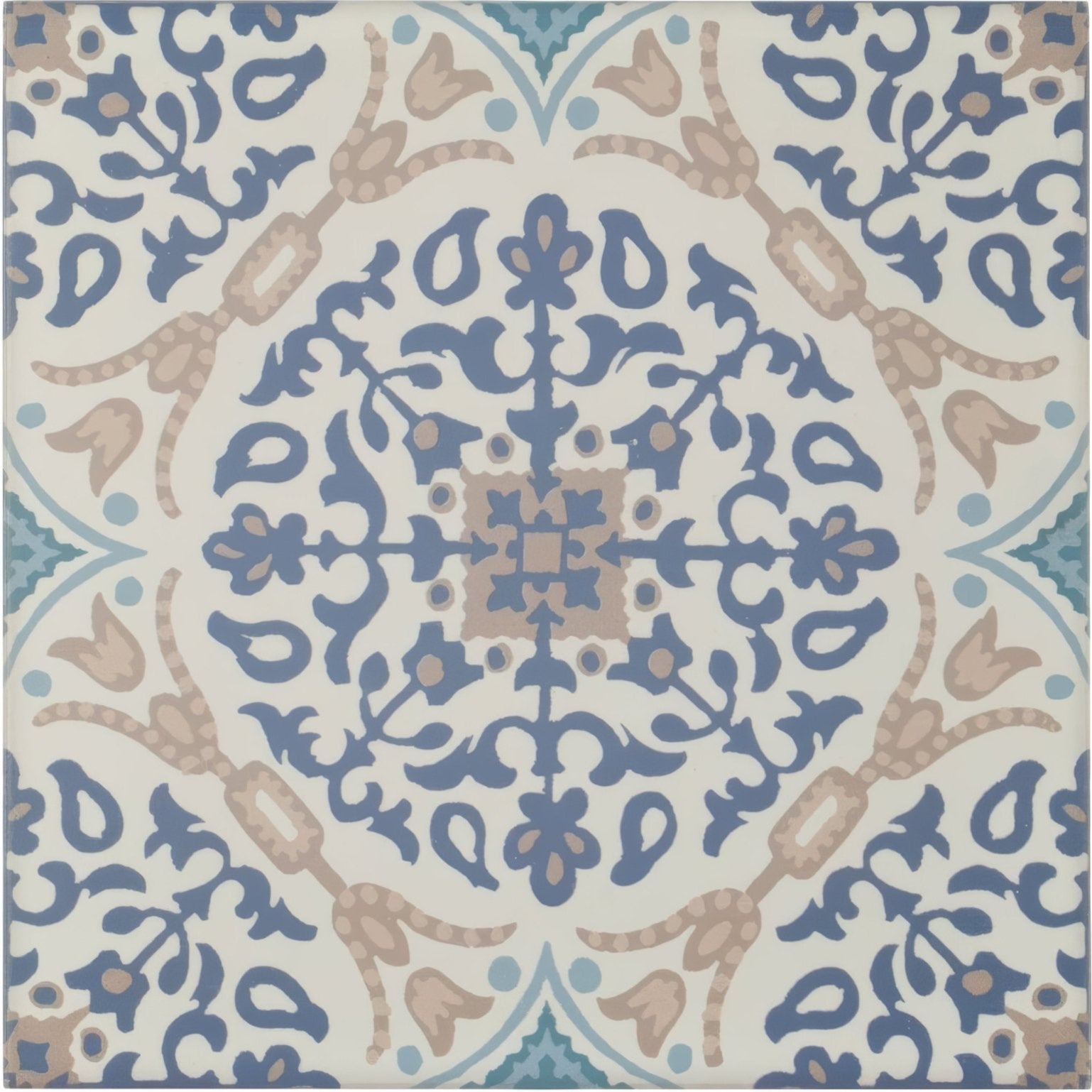 Nina Campbell La Moulade Indigo porcelain tile with blue and beige ornate floral pattern on off-white background