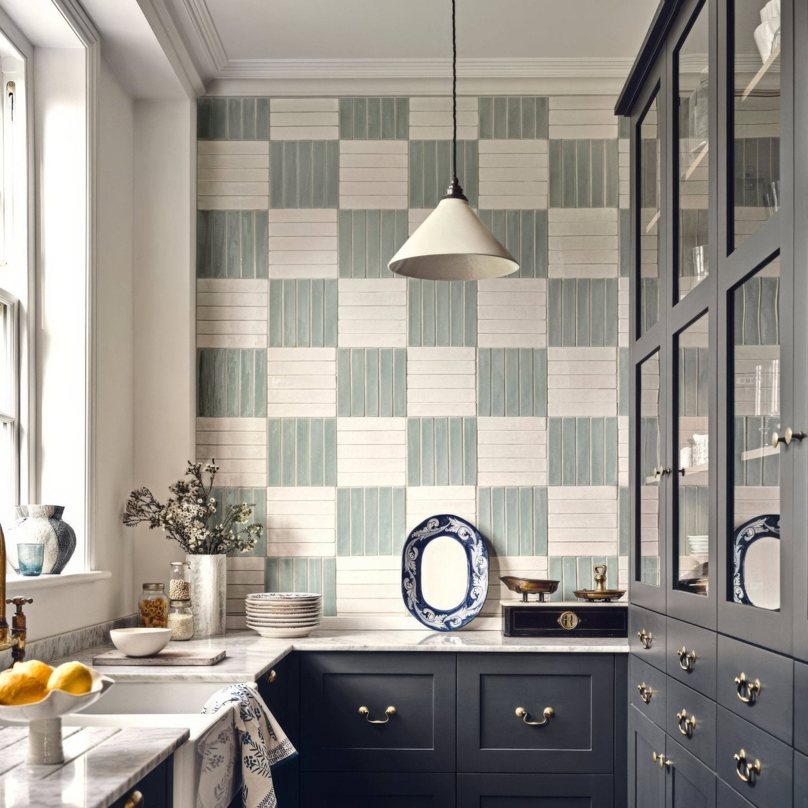Nina campbell rivage aqua glazed wall tile with a decorative blue and white oval plate featuring intricate floral motifs
