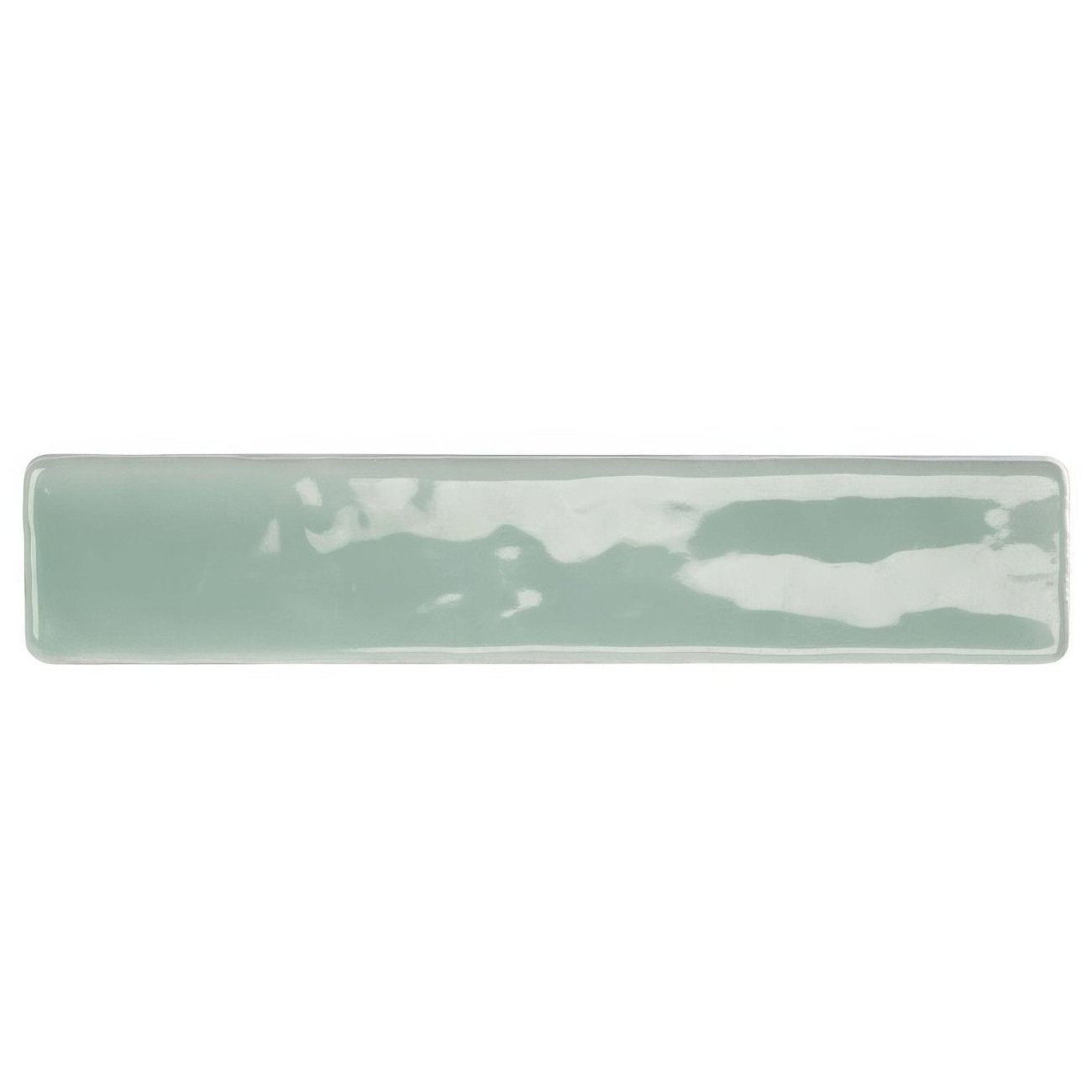A rectangular ceramic wall tile with a matte muted sage green glaze and subtle white streaks by nina campbell rivage aqua
