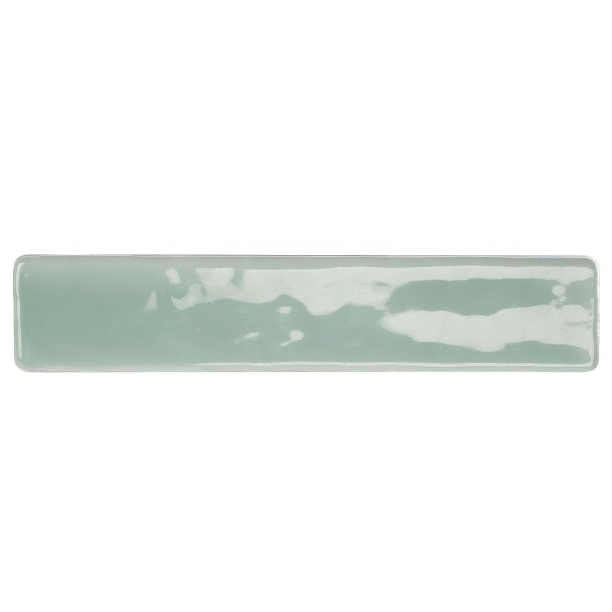 A rectangular ceramic wall tile with a matte muted sage green glaze and subtle white streaks by nina campbell rivage aqua