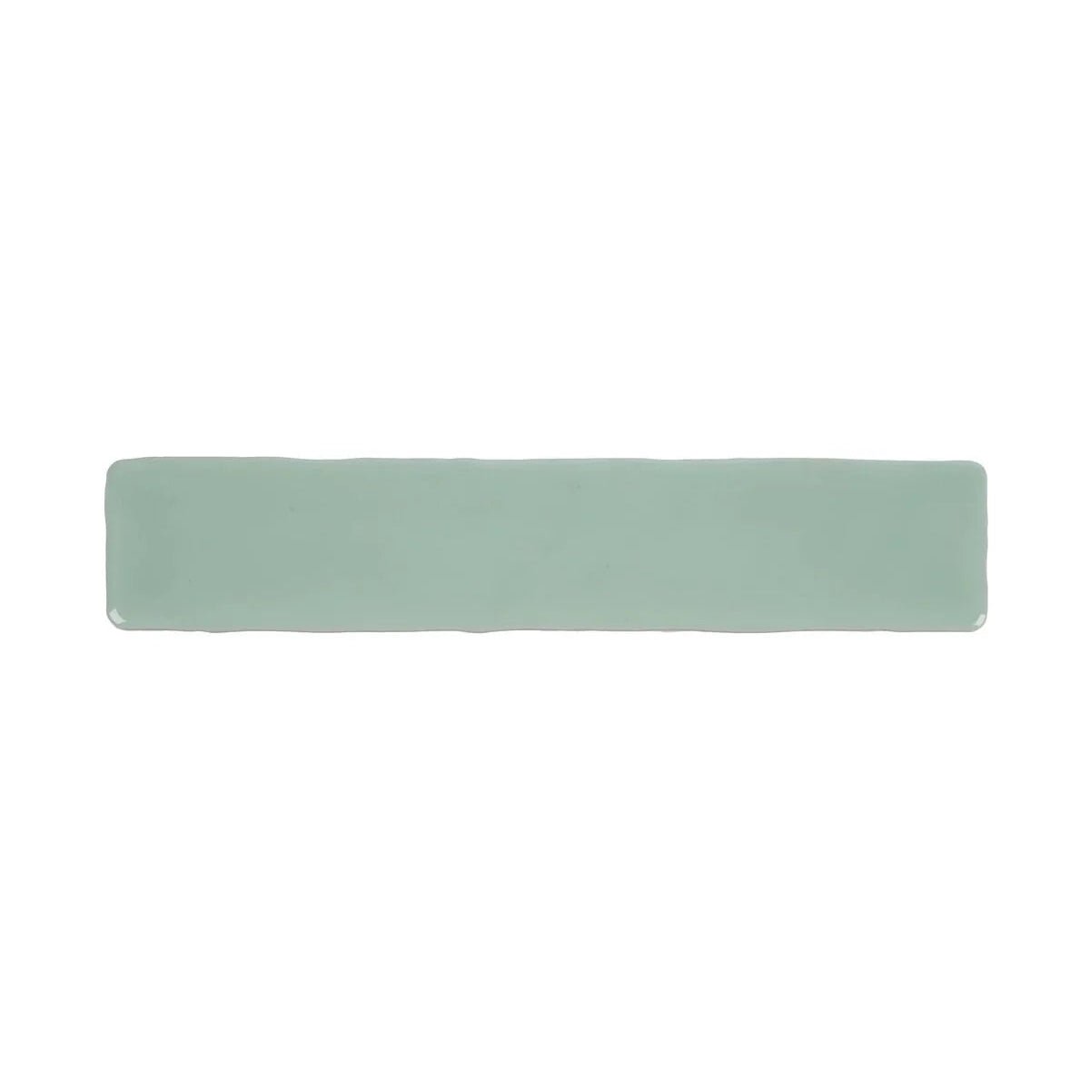 A sleek rectangular ceramic wall tile with a smooth matte sage green finish from Nina Campbell Rivage Aqua Glazed collection