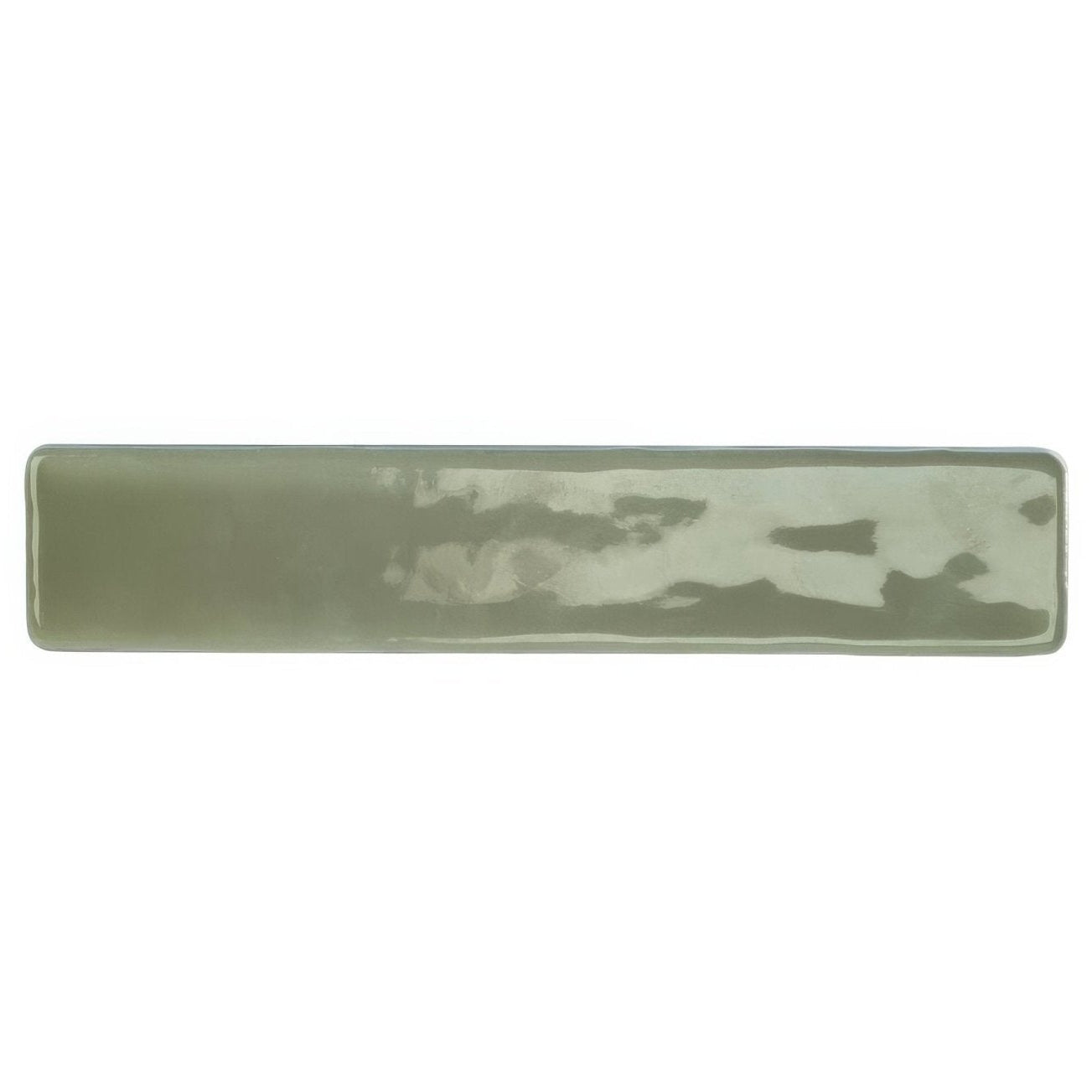 A rectangular ceramic wall tile with matte sage green glaze and subtle irregular white streaks from nina campbell rivage eucalyptus collection