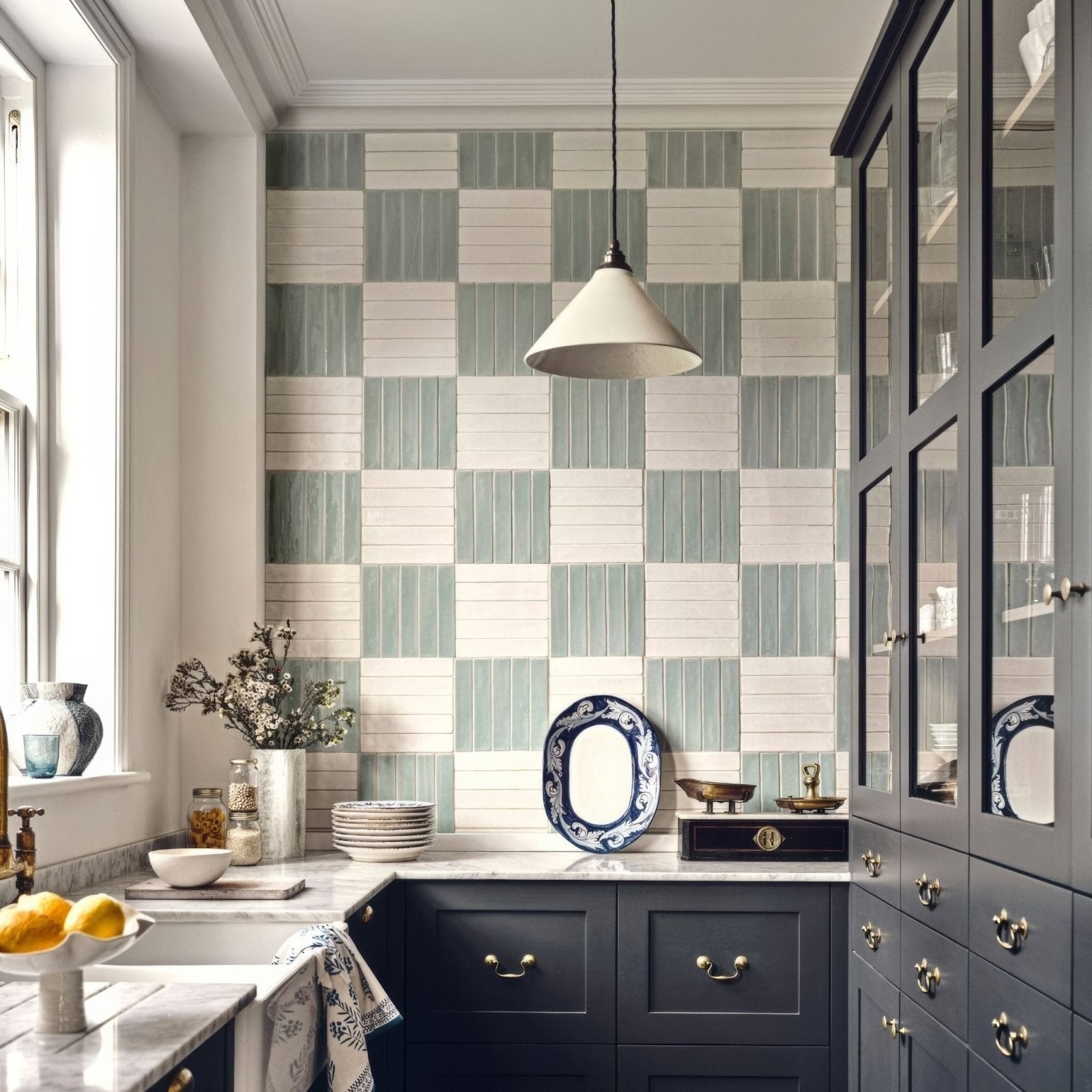 Kitchen with checkered tile backsplash in Nina Campbell Rivage Glazed Wall Tiles and dark cabinets