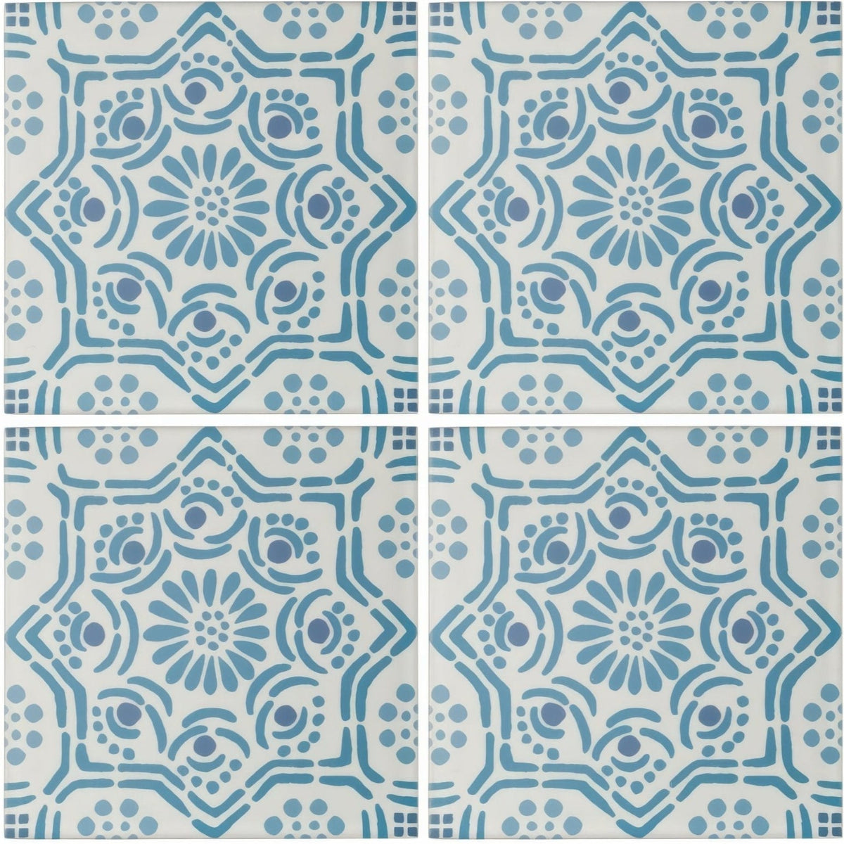 Blue and white patterned Nina Campbell Ronda porcelain tile with intricate floral and geometric designs