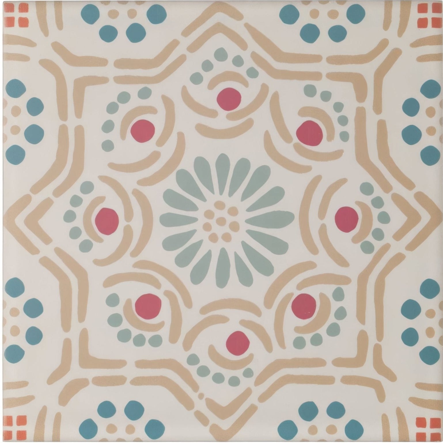 Nina Campbell Ronda coral aqua square porcelain tile with a beige teal and coral hand-painted pattern on off-white background