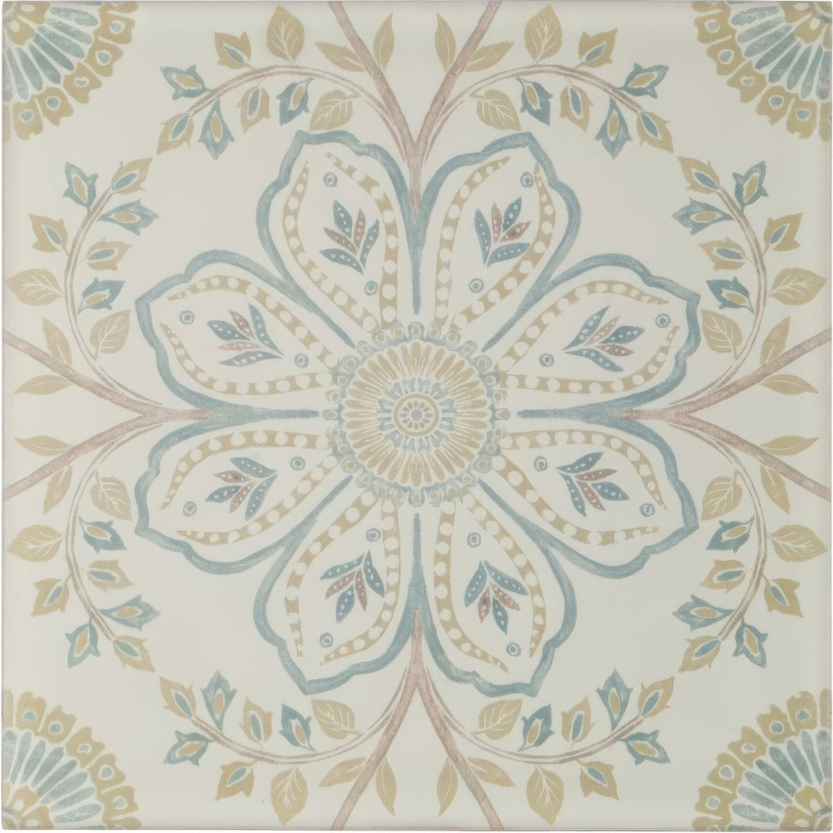 A square ceramic nina campbell topkapi aqua porcelain tile with an intricate symmetrical floral design in muted teal and beige