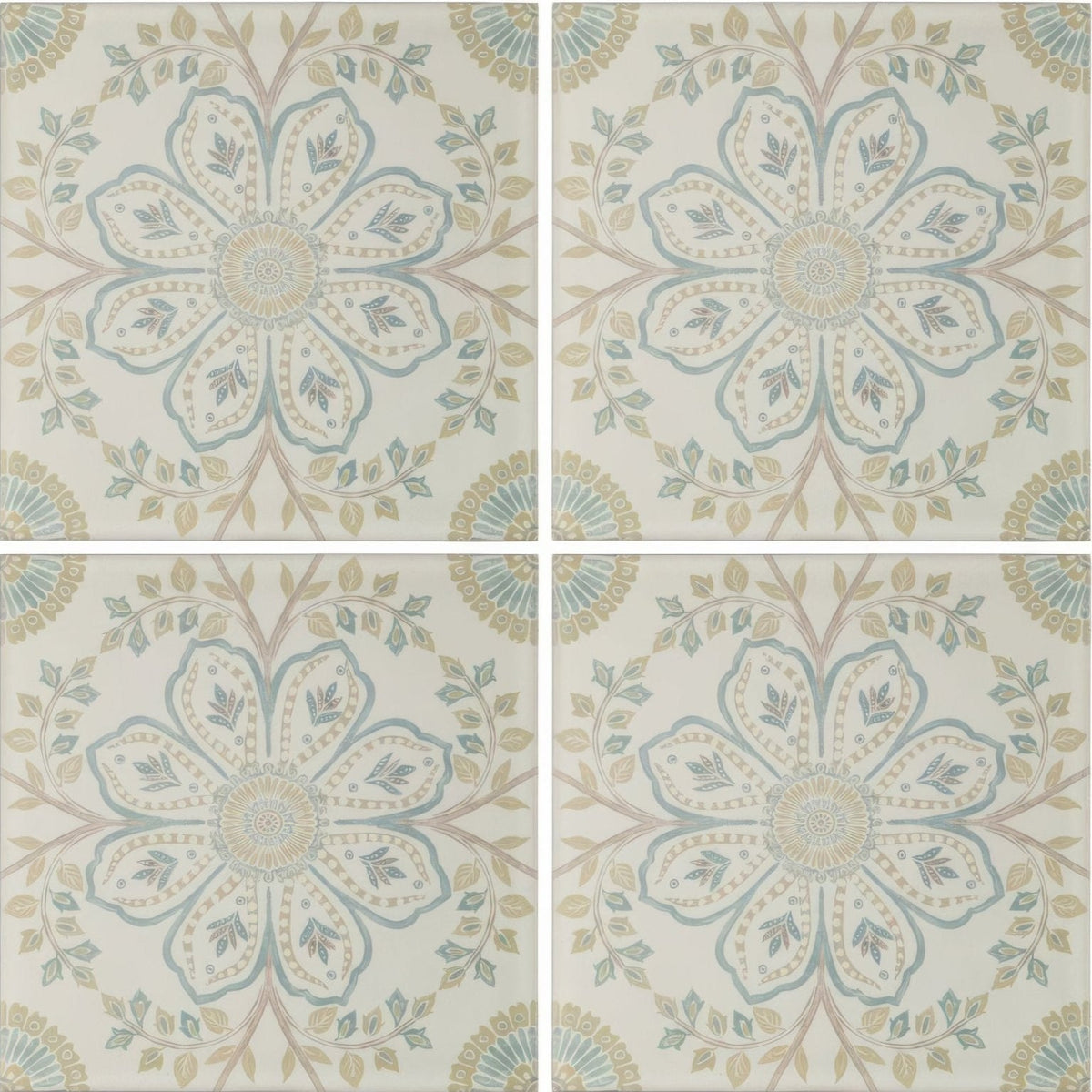 Set of four Nina Campbell Topkapi Aqua porcelain tiles with intricate floral mandala design in soft blue beige and muted green
