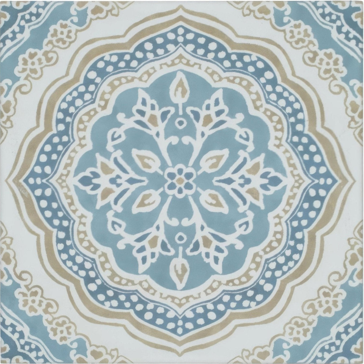 A square ceramic nina campbell udaipur blue porcelain tile with an intricate symmetrical mandala design in blue beige and white