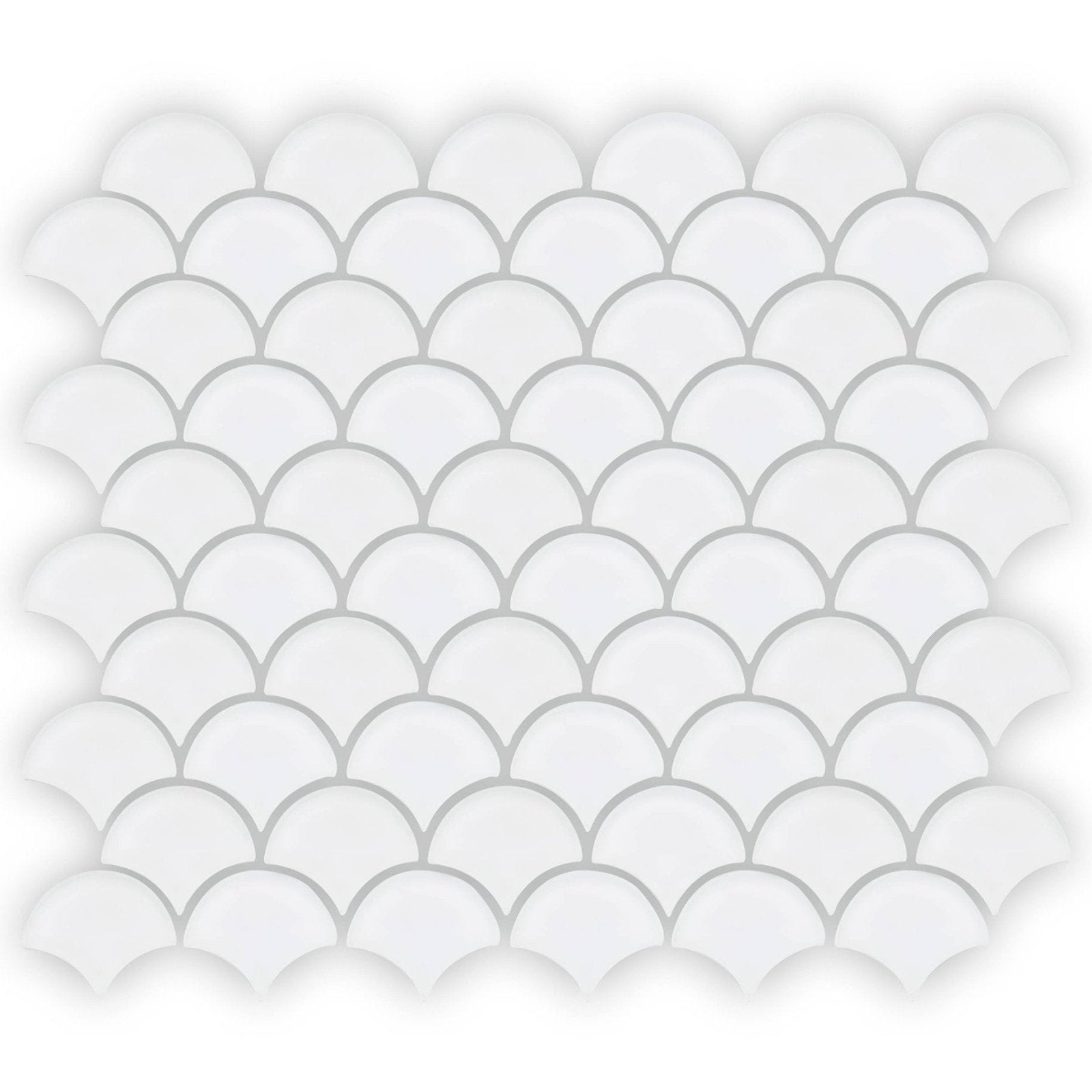 White scalloped glass mosaic tile with subtle gray grout lines from Nordic Glass Tromso Snow Mosaic collection
