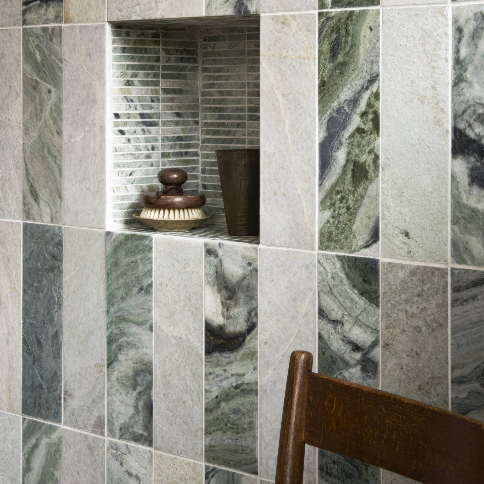 North haven rectangle marble tile 10x30cm green and gray with a built-in recessed shelf in marble finish