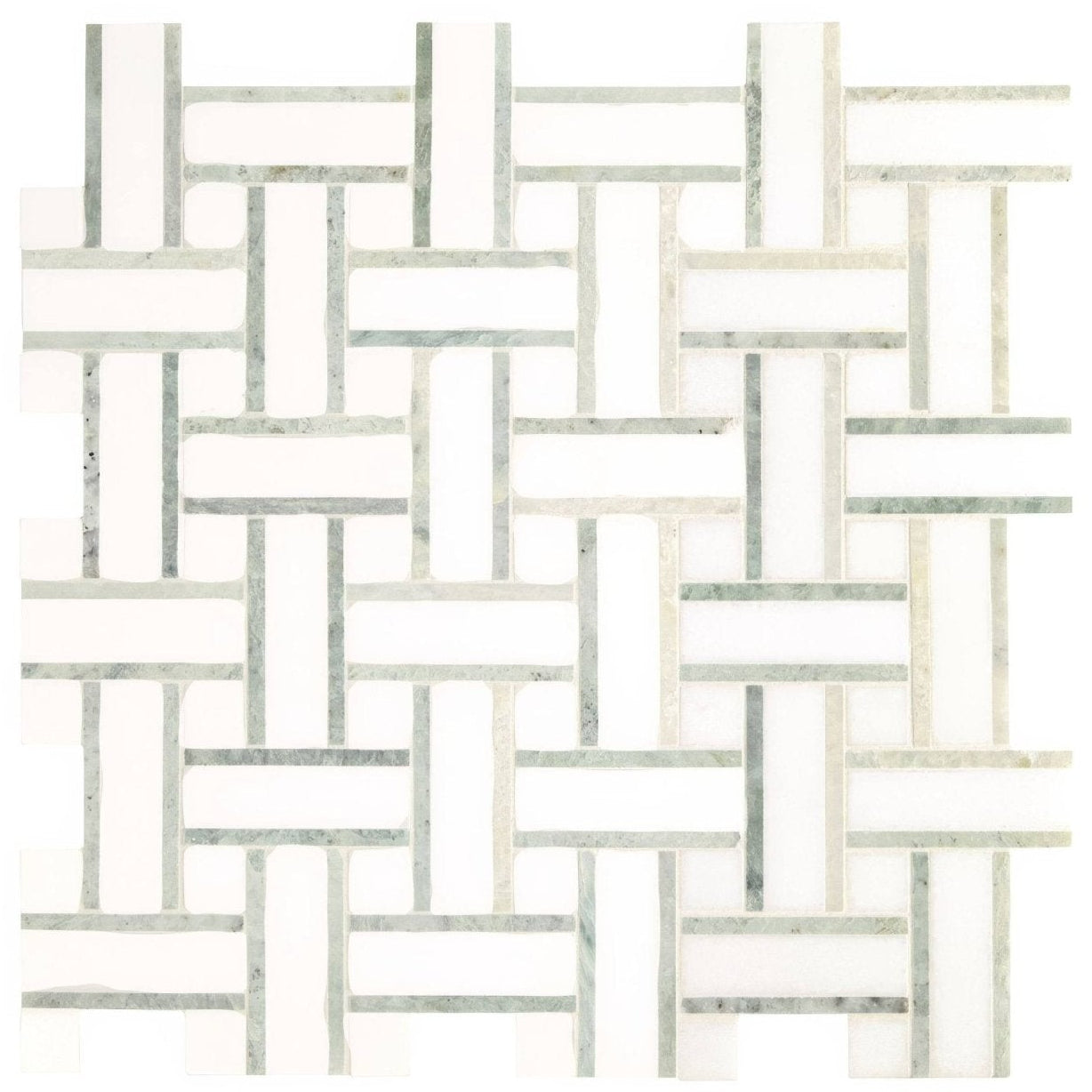 North haven basketweave marble mosaic tile in white and gray with a woven basketweave pattern