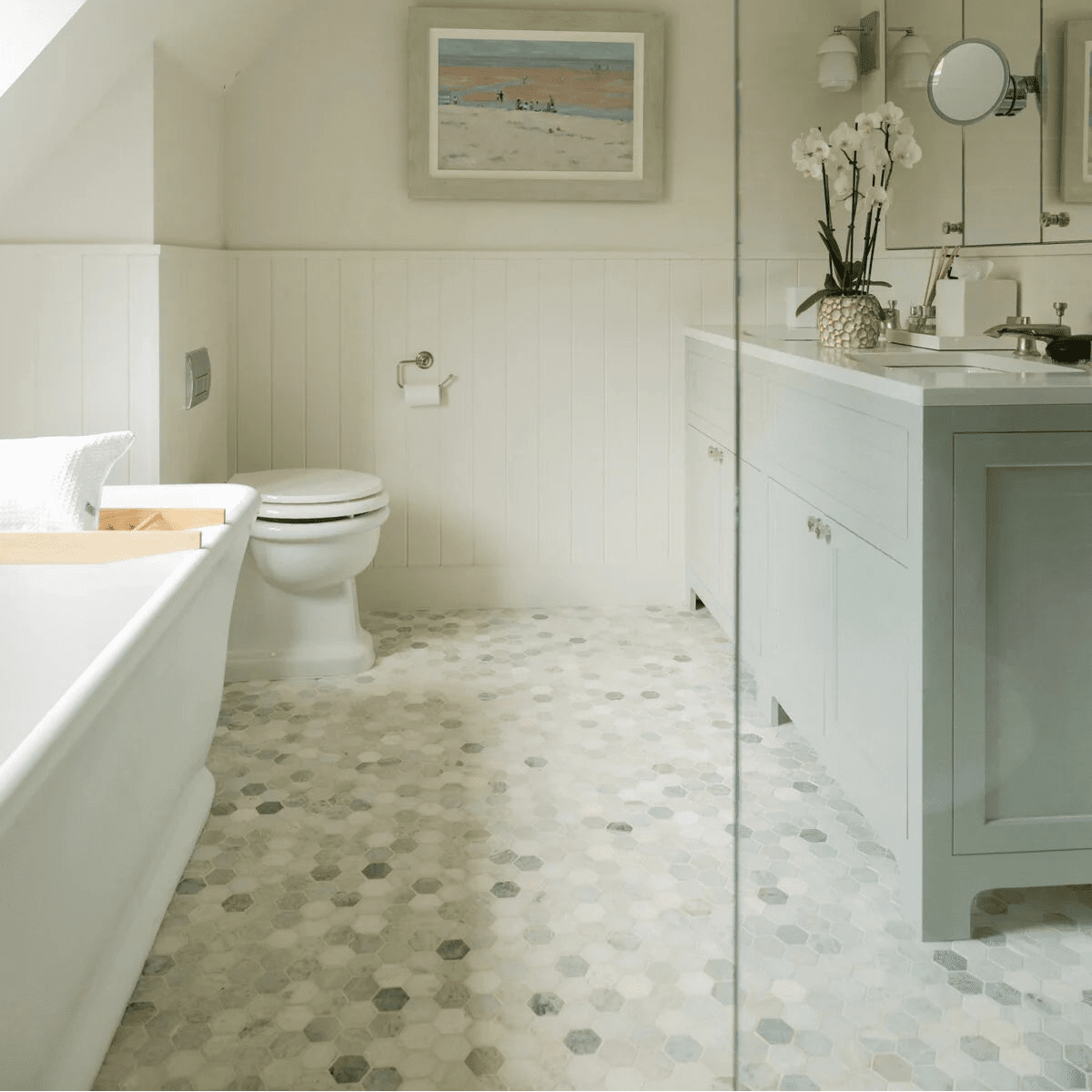 North haven hexagon marble mosaic tile featuring soft gray and white hexagonal floor tiles in marble material