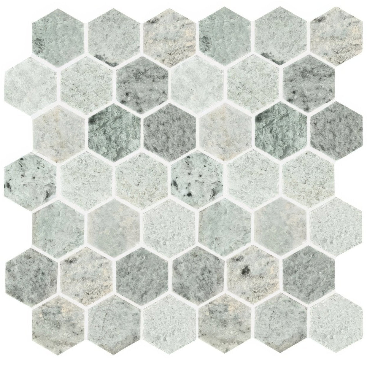 North haven hexagon marble mosaic tile features natural stone texture in varying gray and white shades