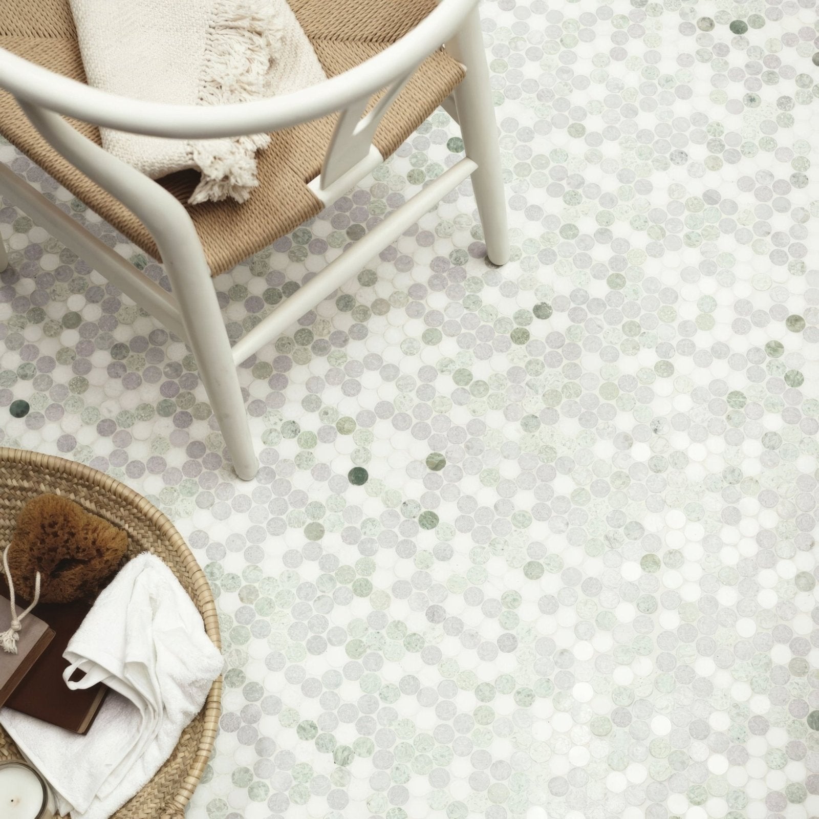 North haven penny marble mosaic tile featuring white and gray circular marble pieces in a floor pattern