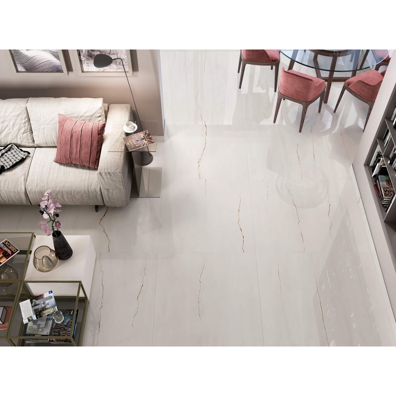 Shiny white marble-effect floor tiles with subtle gray veining from notre dame 1814 white polished collection