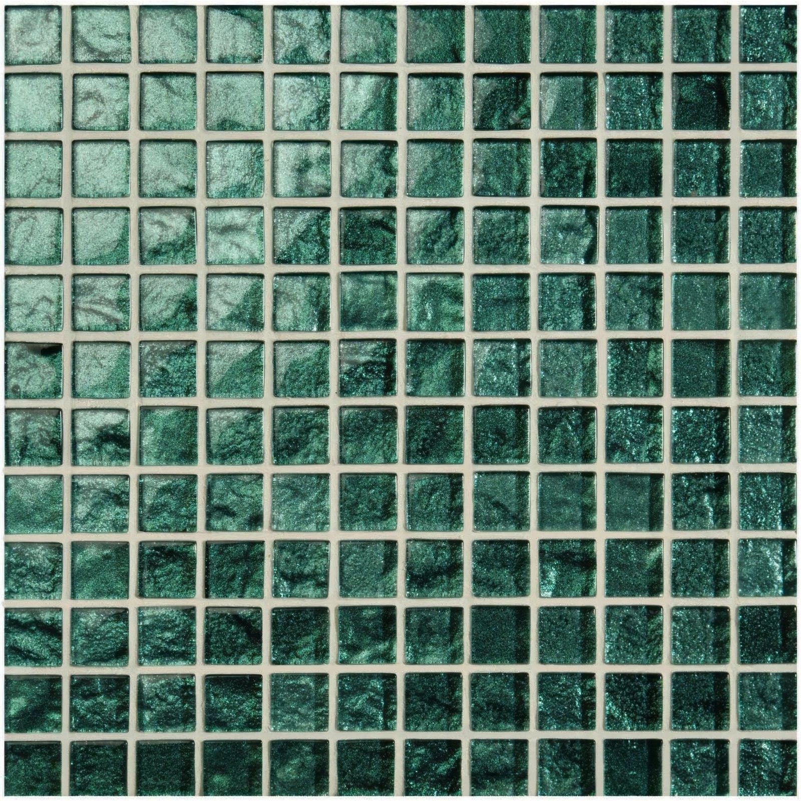 Emerald green oasis glass mosaic tile with shimmering textured surface in a square grid pattern