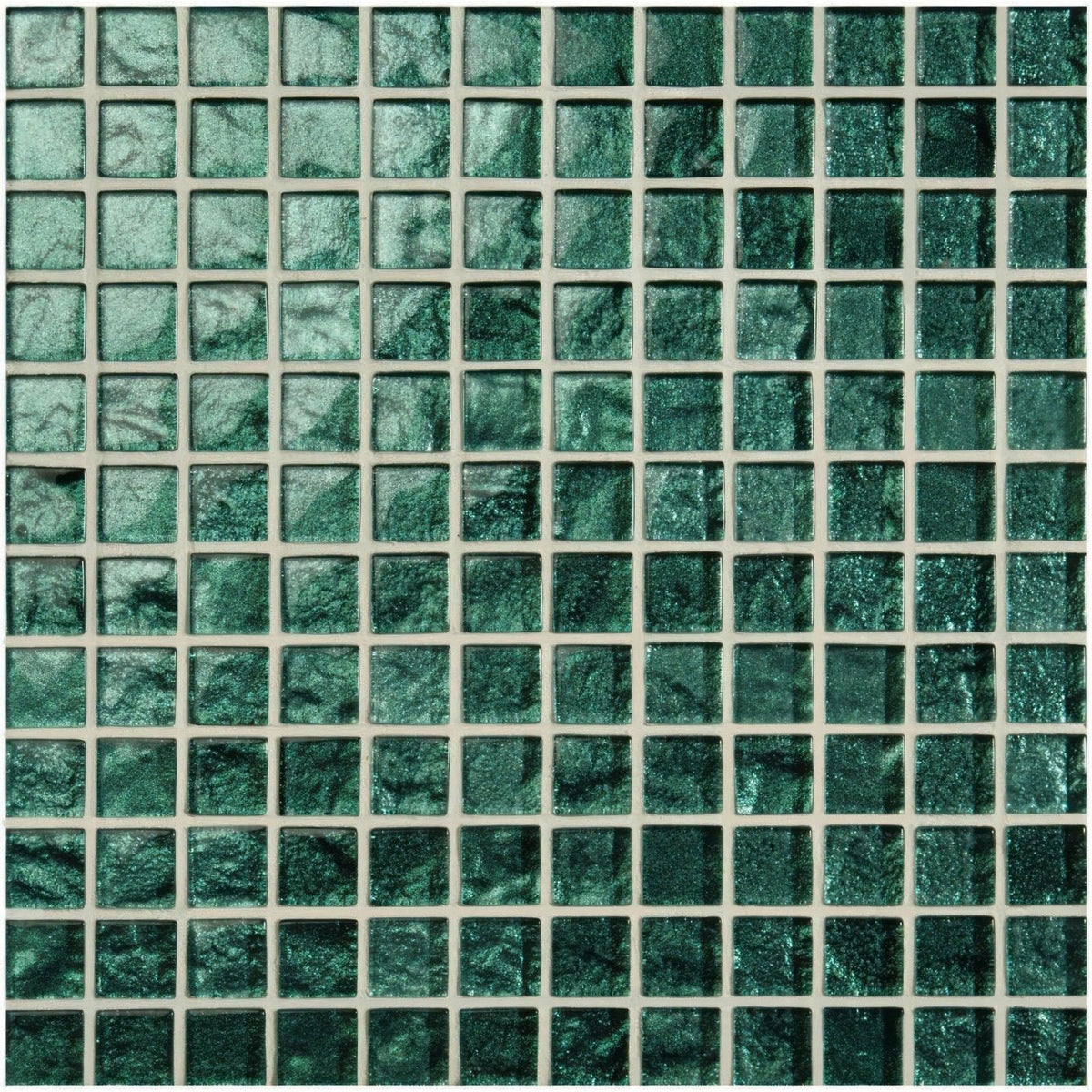 Emerald green oasis glass mosaic tile with shimmering textured surface in a square grid pattern