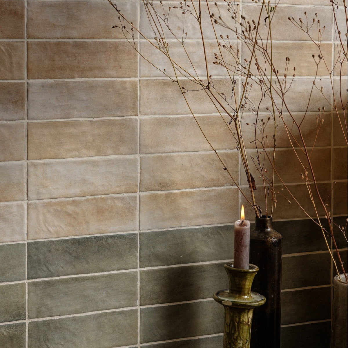 Oasis veloute ceramic sand matt beige and gray rectangular tiles with matte textured finish in staggered pattern