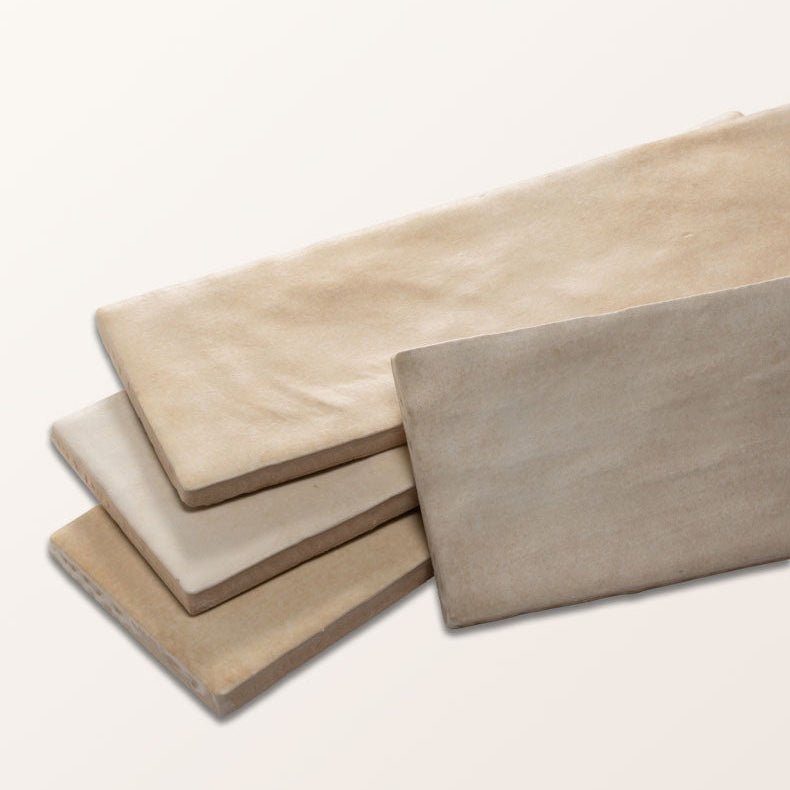 Beige and gray textured stone tiles with natural rustic finish in oasis veloute ceramic sand matt design