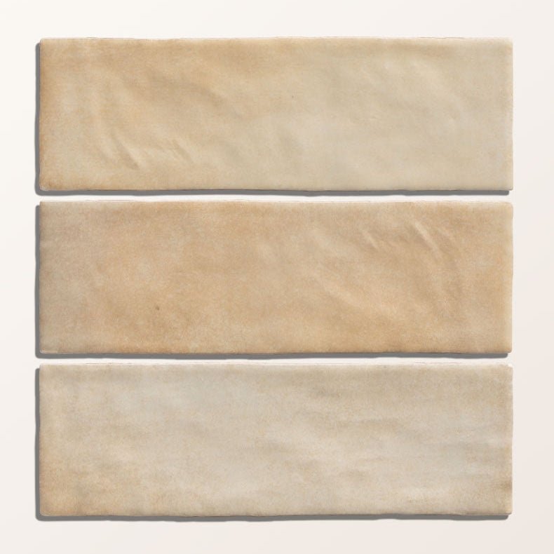 Three beige oasis veloute ceramic sand matt tiles with a textured matte finish displayed side by side