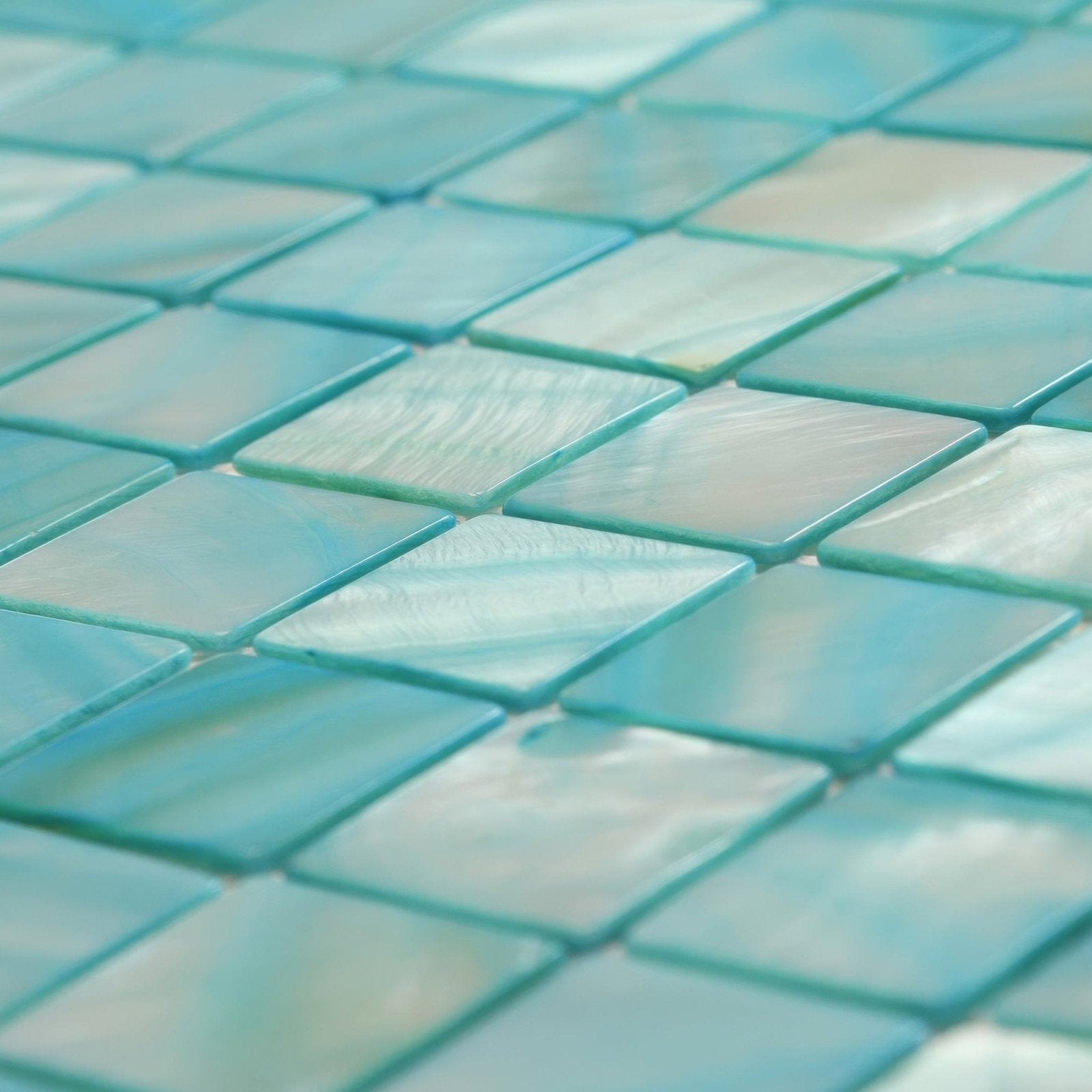 Ocean’s Calm 25mm square turquoise and white mother-of-pearl mosaic tiles with glossy iridescent finish