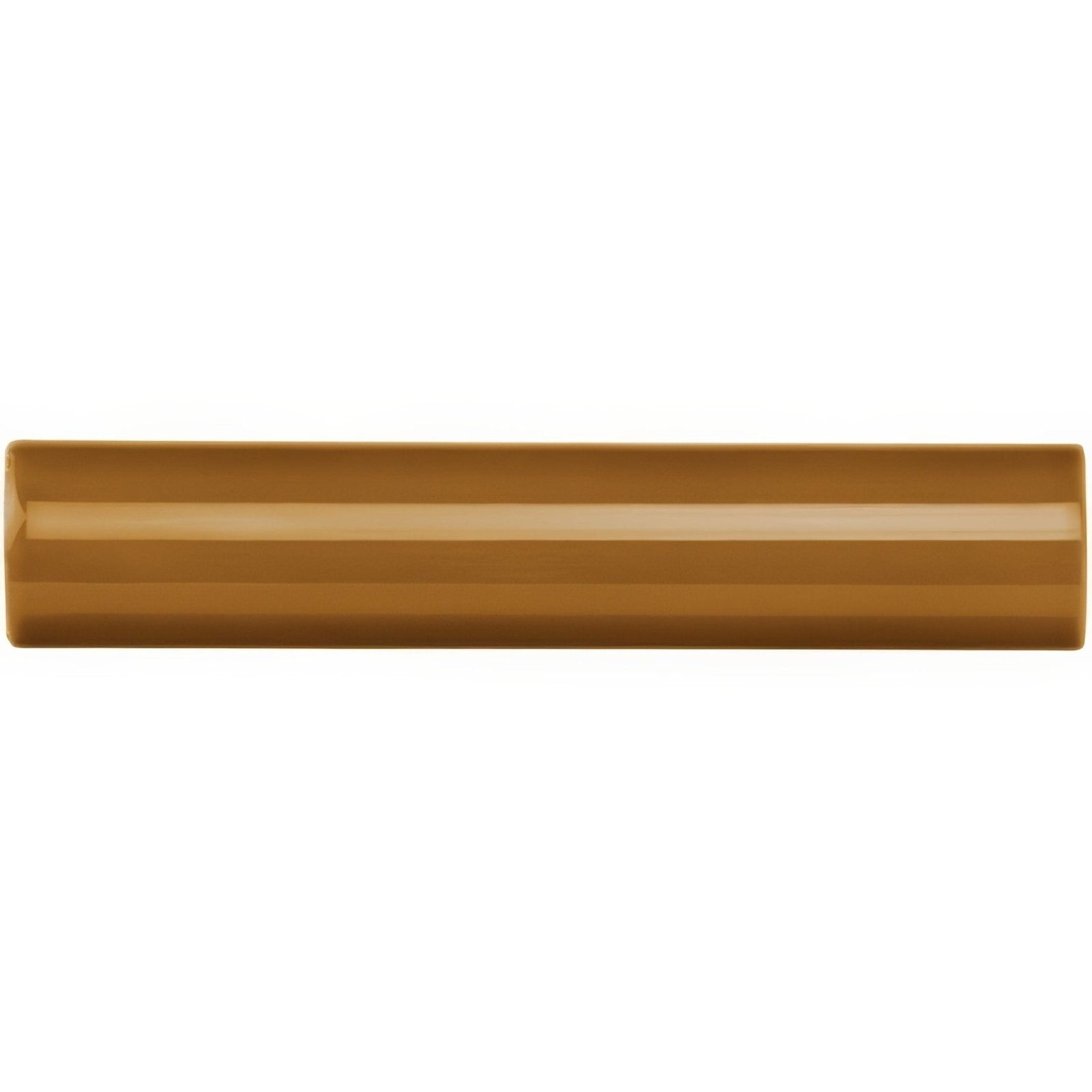 Ochre external corner trim in sleek glossy brown ceramic with smooth rectangular surface and subtle horizontal ridges