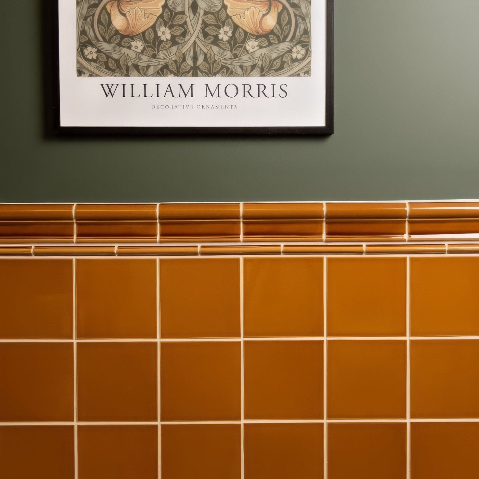 Warm amber-colored ochre field ceramic tiles with a glossy finish arranged in a grid with white grout lines