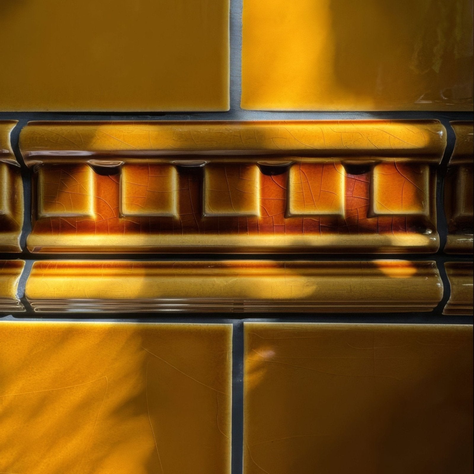 Golden ochre field tile with glossy crackled ceramic glaze and raised rectangular detailing for decorative use