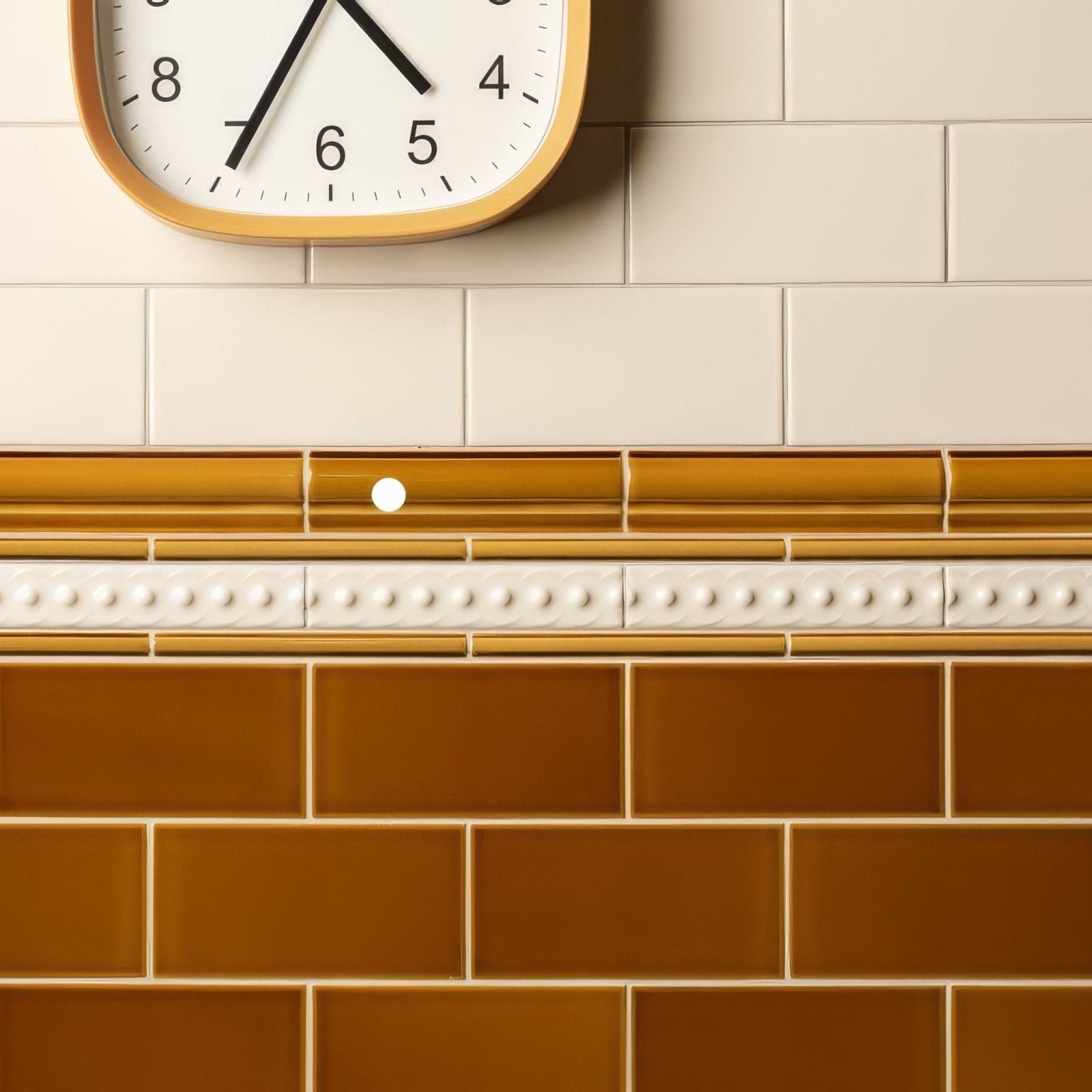 A square ochre half tile wall clock with a light wood frame white face and black hands and numerals