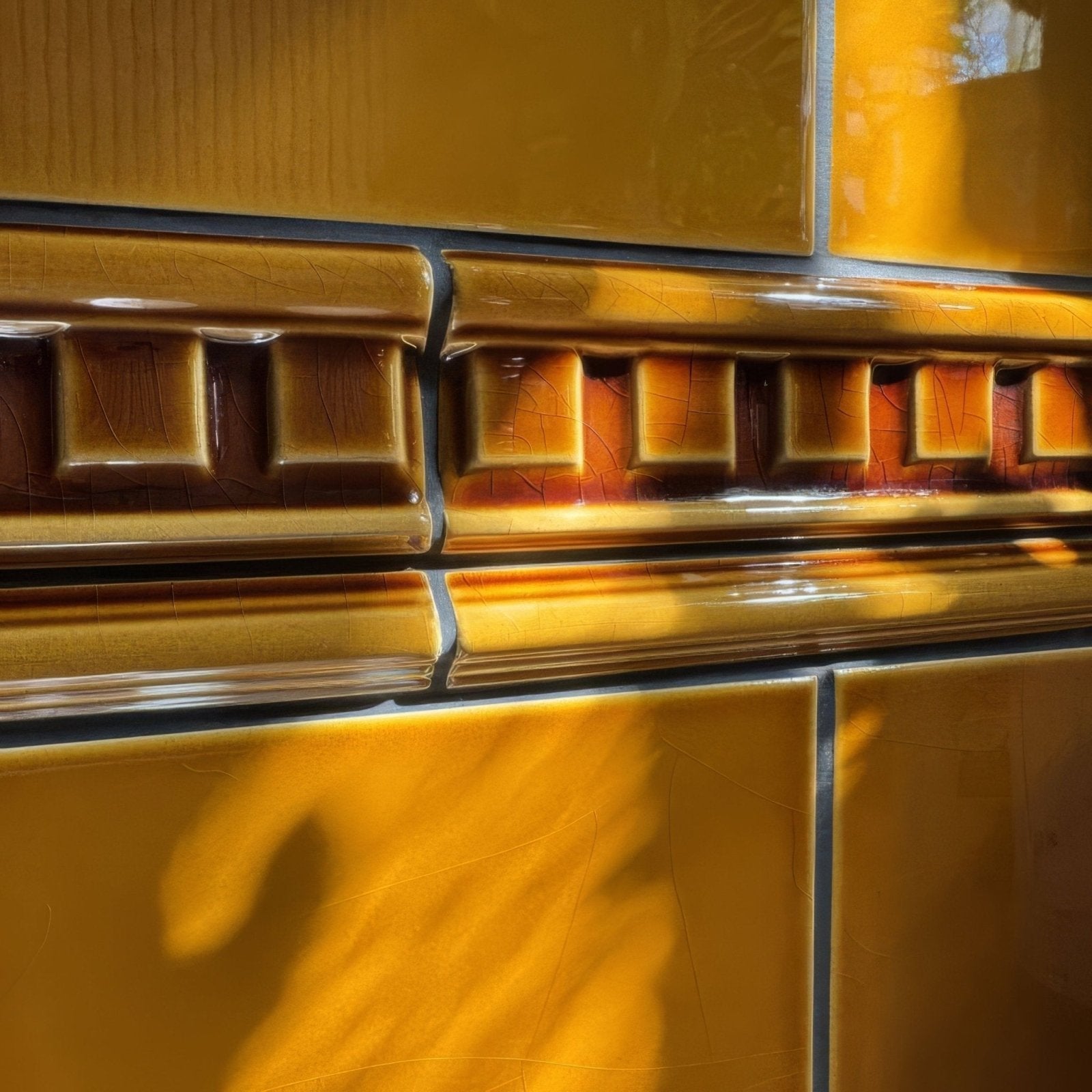 Ochre half tile golden ceramic tile with glossy finish and raised square detailing along the edge