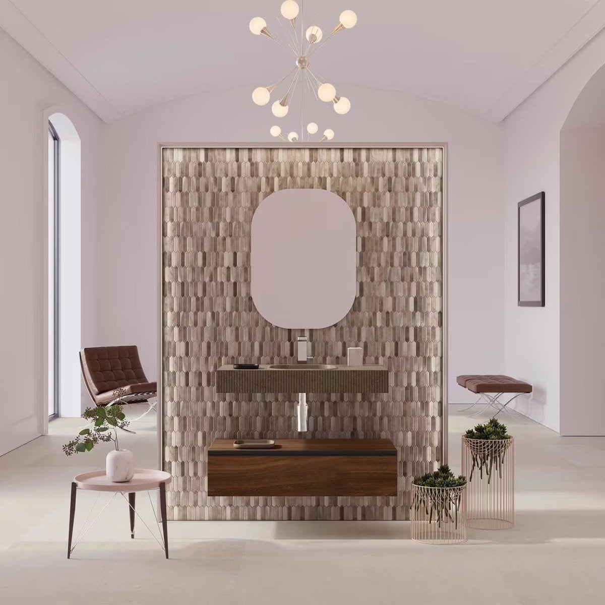 Odyssey Amber Metal Mosaic silver and brown hexagonal metal mosaic with a floating wood vanity
