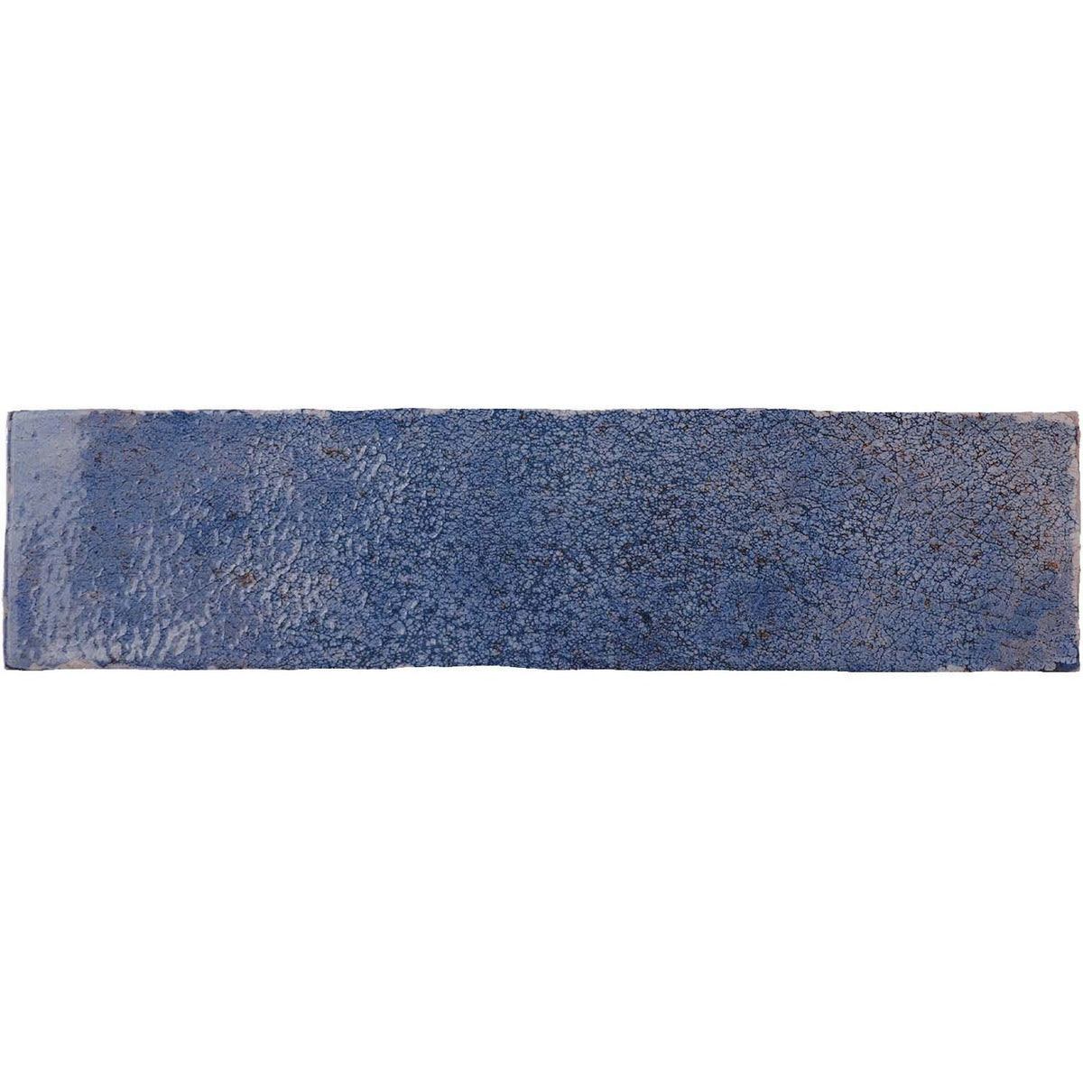 A rectangular oken brick blue ceramic tile with a textured crackled glaze finish