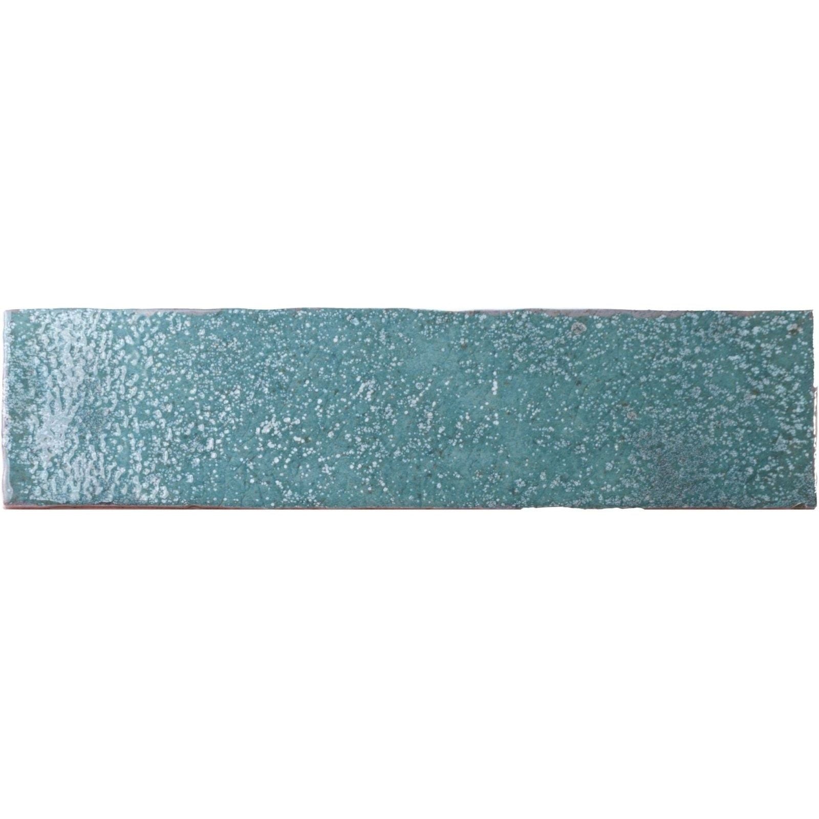 A rectangular teal ceramic tile with a speckled textured glaze finish from oken brick green collection