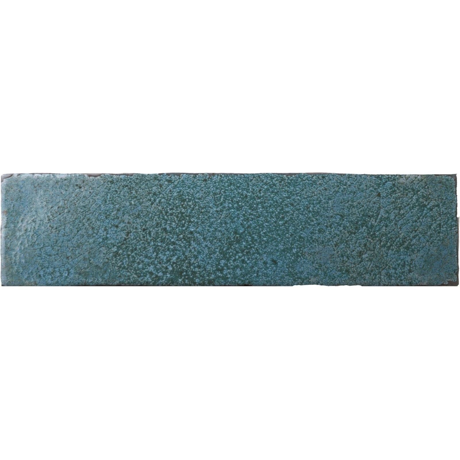 A rectangular teal ceramic tile with a textured speckled glaze finish called Oken Brick Green