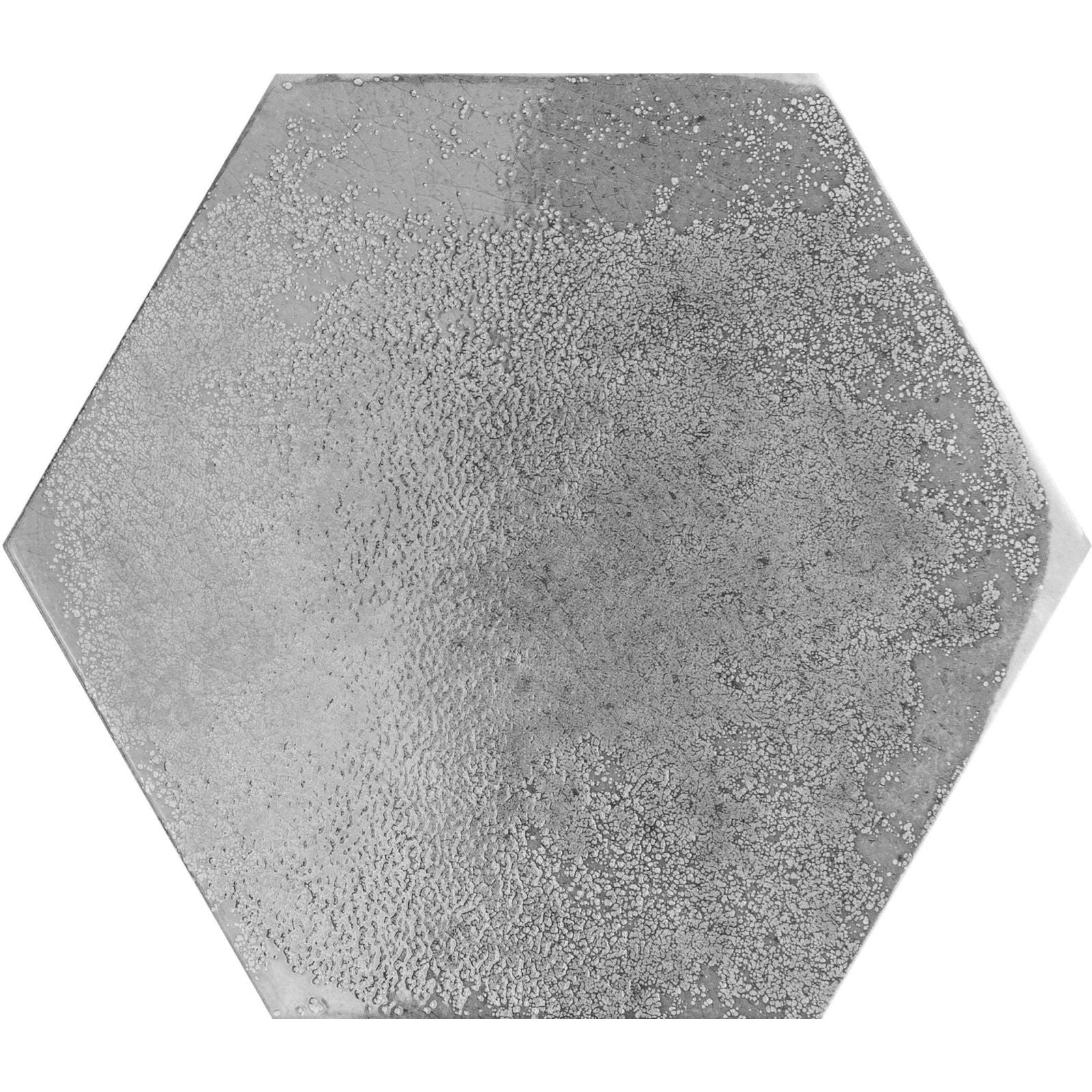 Oken hexagon anthracite gray concrete tile with a textured speckled surface for flooring and walls