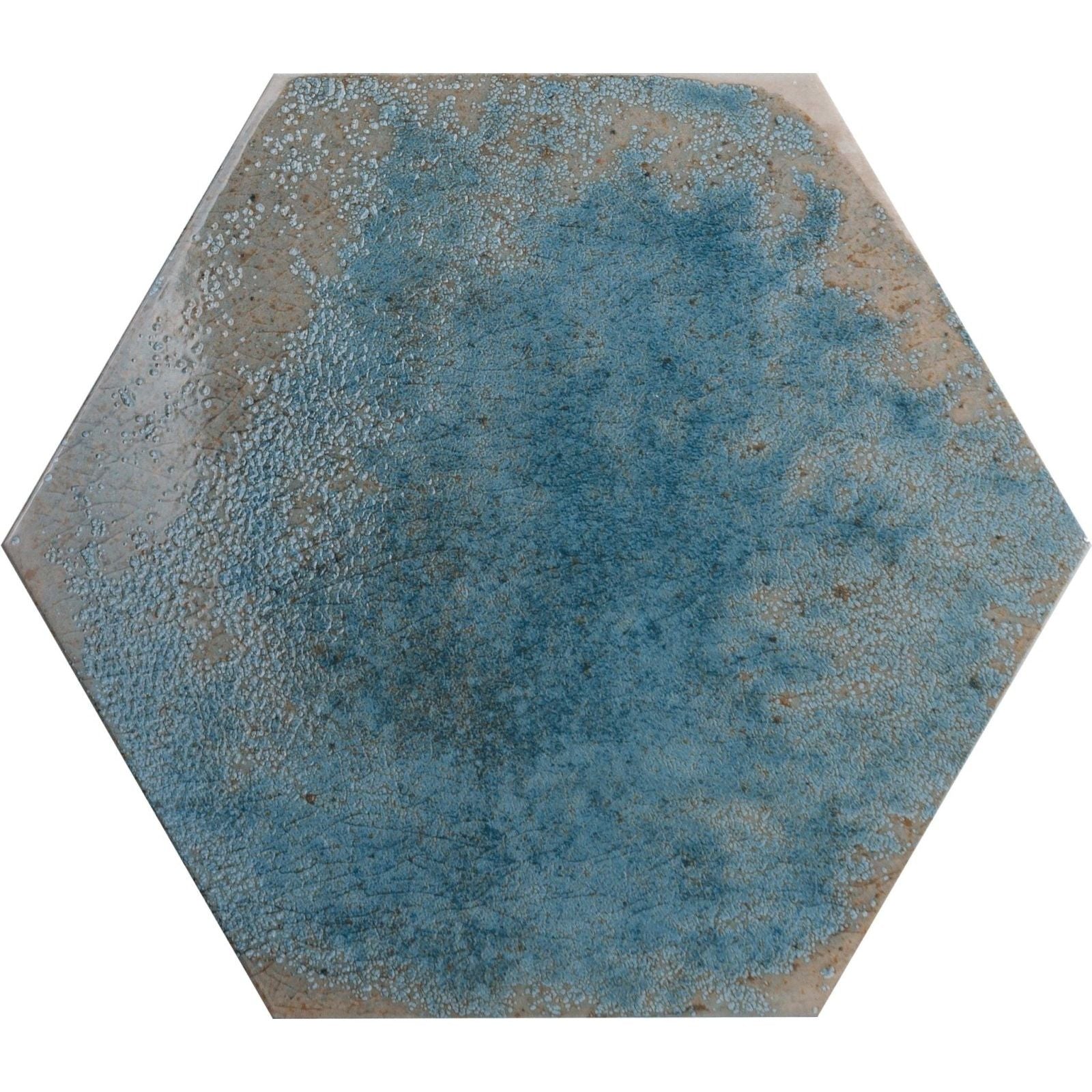 Oken hexagon green ceramic tile with hexagonal shape and distressed blue and gray glaze finish